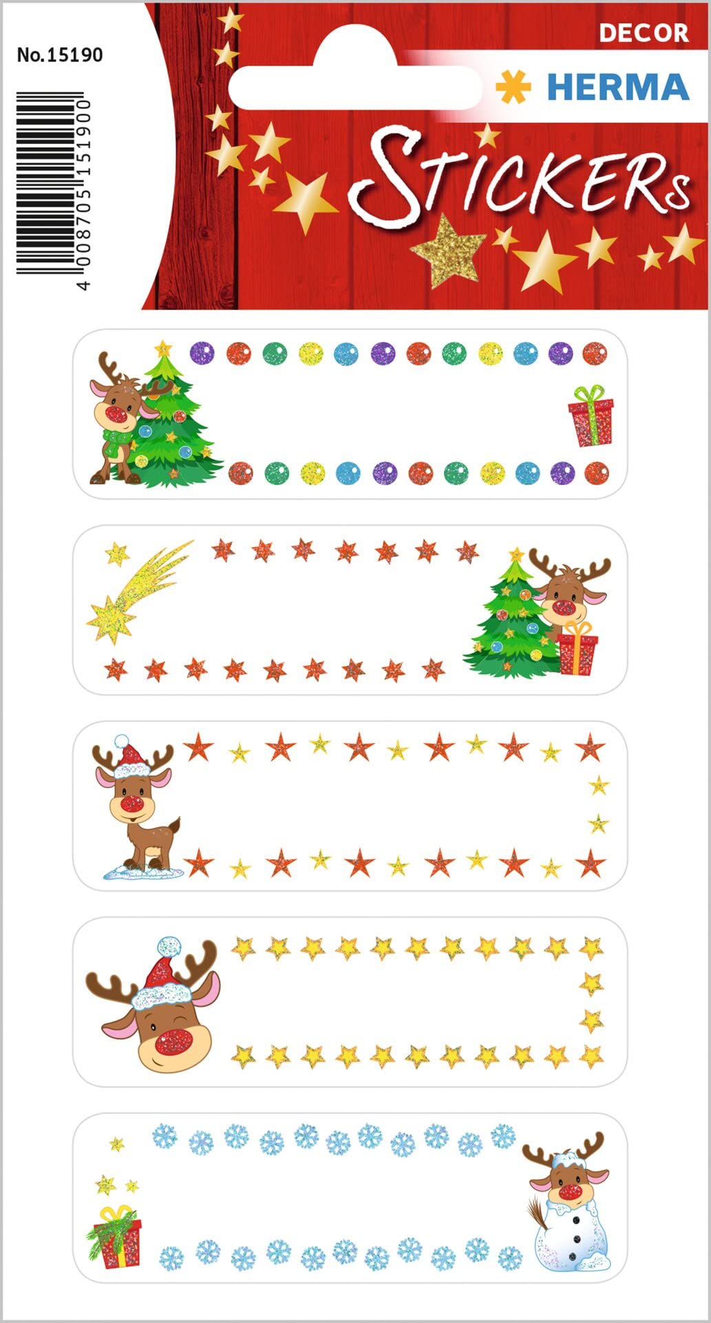 HERMA 15190 Christmas Stickers, Little Rudolph (10 Stickers, Paper, Glitter) Self-Adhesive Christmas Decoration, Permanent Adhesive Labels for Christmas, Gifts, Crafts, Advent Calendar, Colourful
