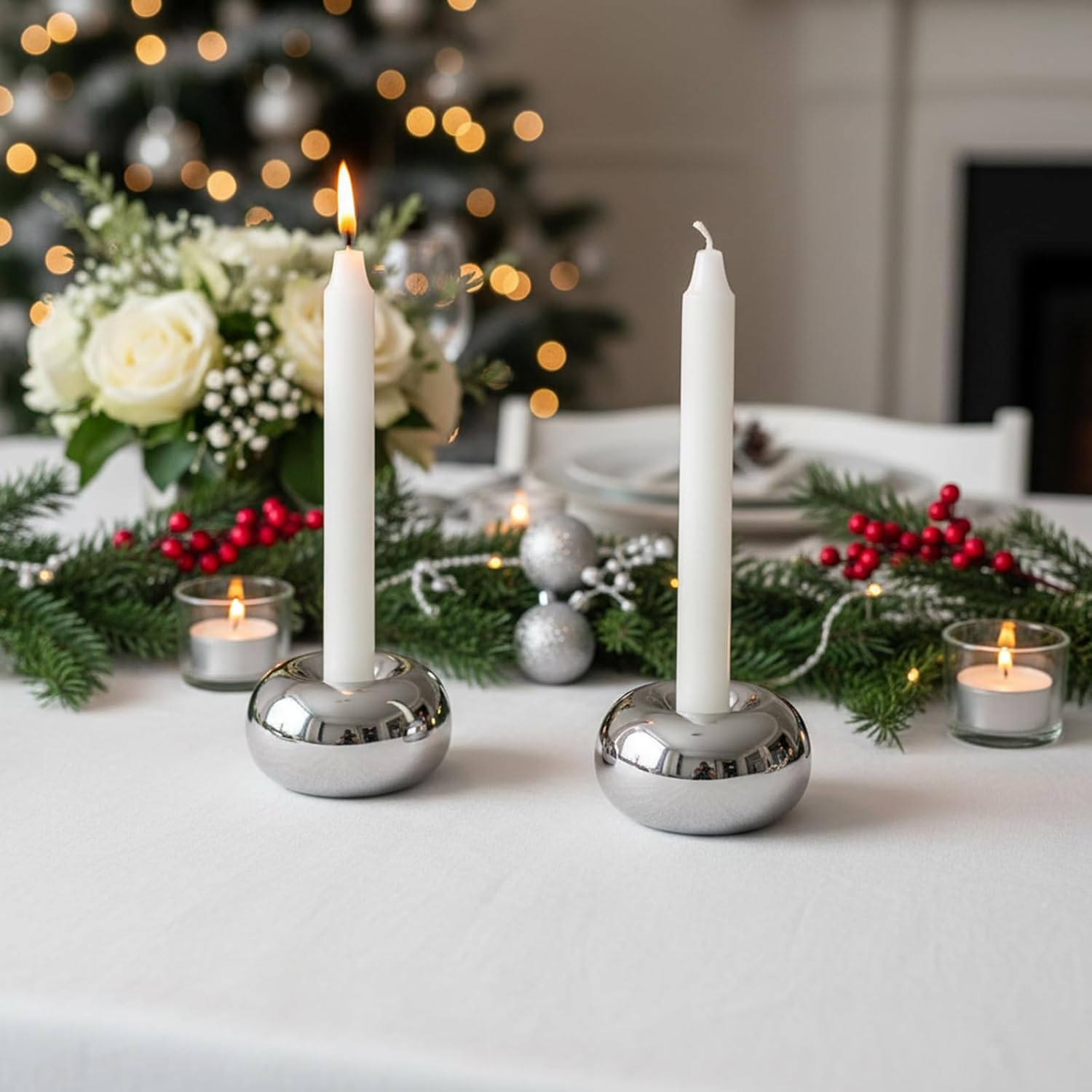 Silver Modern Doughnut Shaped Candlestick Holder, Small Decorative Taper Candle Holder for Bathtub Bedroom Livingroom,2 Pack - Image 5