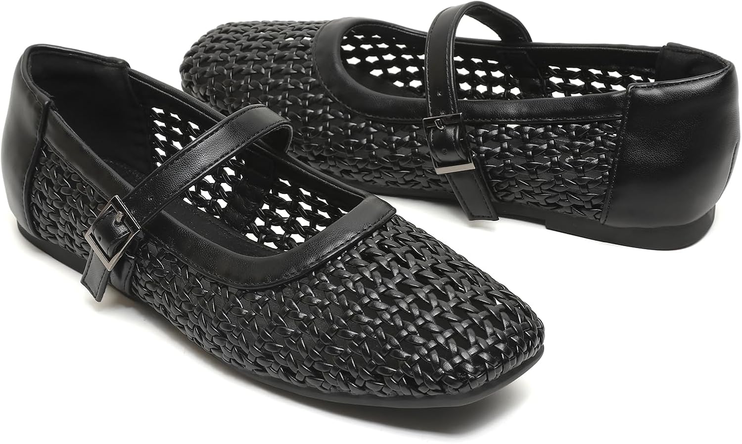 Yozuru Womens Woven Ballet Flats Mesh Mary Jane Shoes Dressy Squared Toe Comfortable Buckle Strap Casual Leather Flats for Women - Image 6