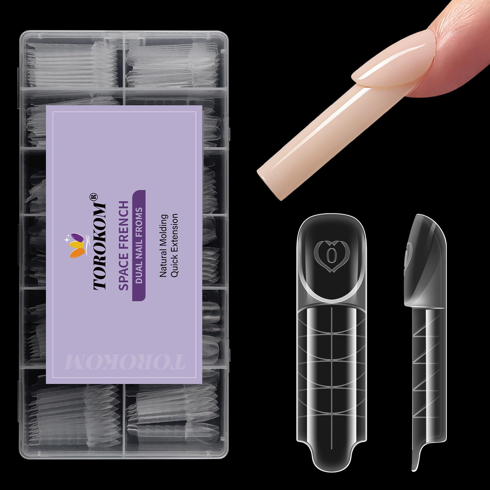 TOROKOM Formy 3D Space French Dual Nail Forms, 150 sztuk francuskich form przedłużających paznokcie, 15 rozmiarów, wielokrotnego użytku, do żelu, żelu budowlanego, przedłużania paznokci DIY i studia