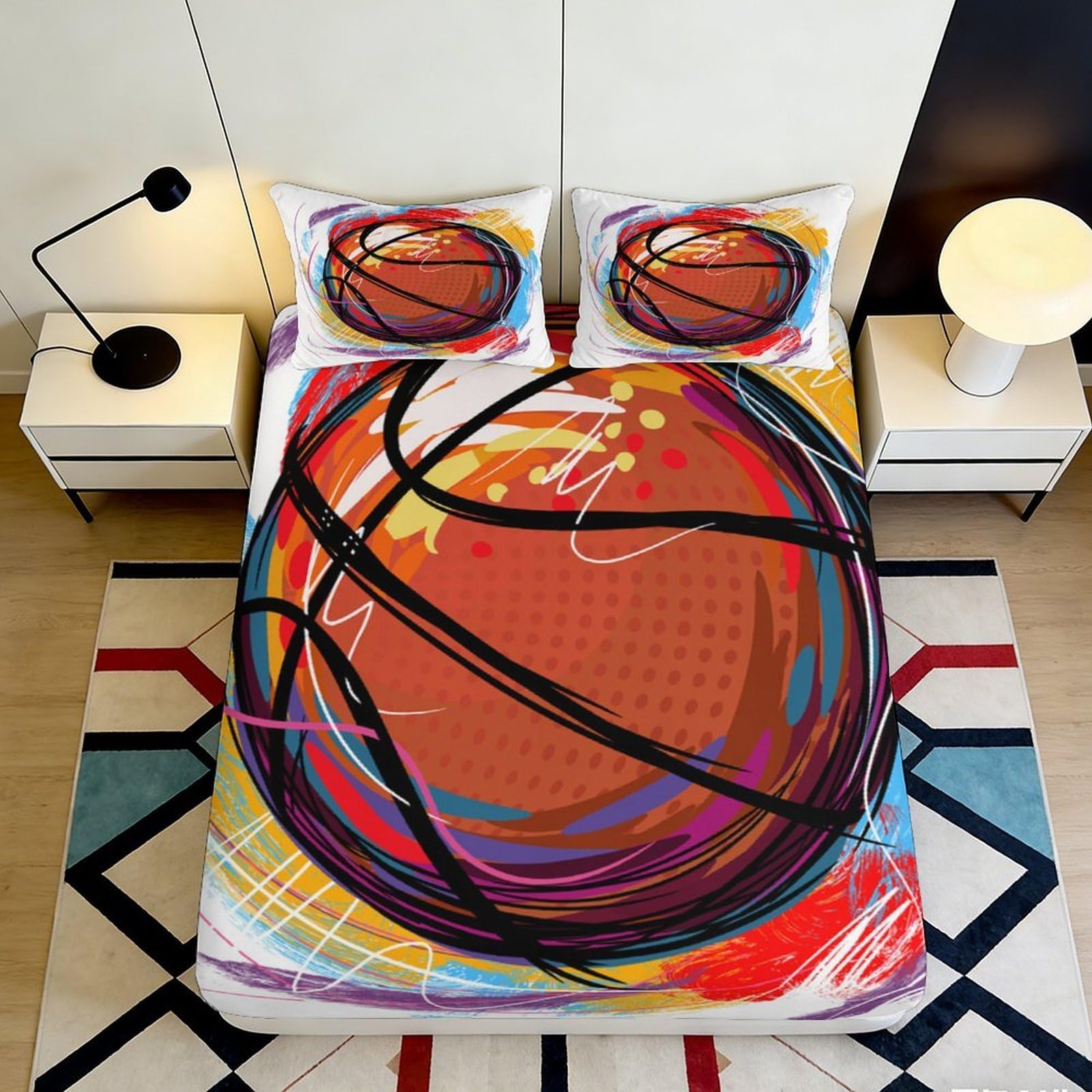 3D Printed Basketball Abstract Fitted Sheet Microfiber Soft Vibrant Mattress Cover for Bedroom Dorm Decor Easy Care 90x200x25cm