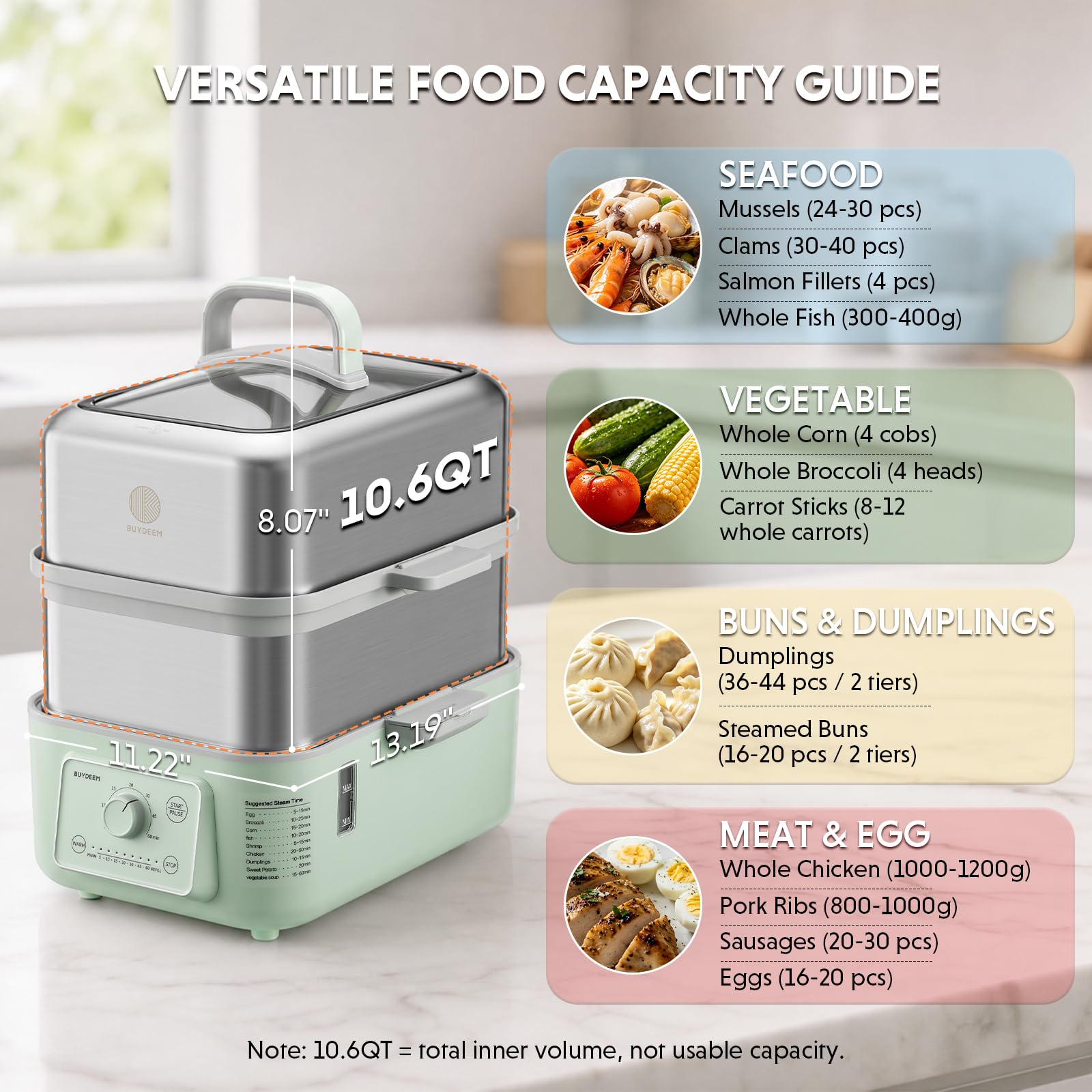 BUYDEEM G52 Elektrischer Lebensmitteldampf, 10,6 Liter für 4-8 Portionen, Gemüsedampf zum Kochen, 2 Stunden automatische Wartung, 7 voreingestellte Zeiten, doppelt