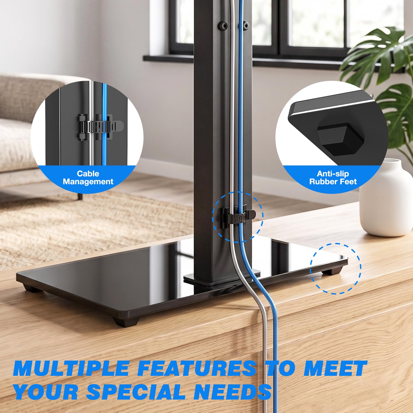 Soporte de Mesa para TV 5Rcom para TVs 32-70 Pulgadas, Carga 40KG, Base de Cristal Templado Altura Ajustable, Soporte Universal para Salón/Dormitorio, VESA Máx 400x400mm