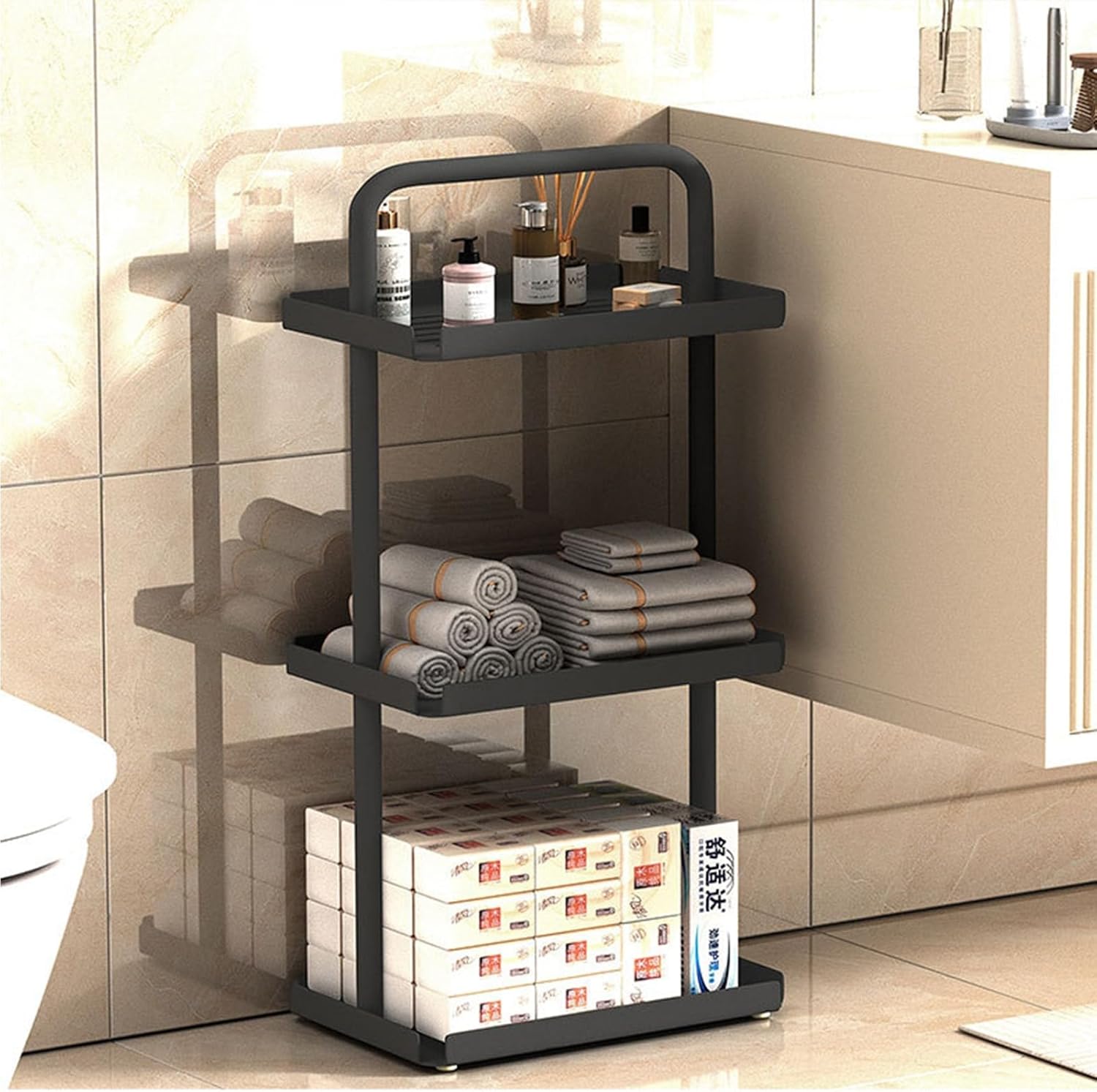 3-Shelf Stainless steel Storage Shelves, 105lb Capacity, 28.2"H x 11.8"W x 7.9"D, Small Modular Shelving Unit Storage Organizer for Garage, Home, Bathroom & Laundry, Storage Rack - Black (3-tier)