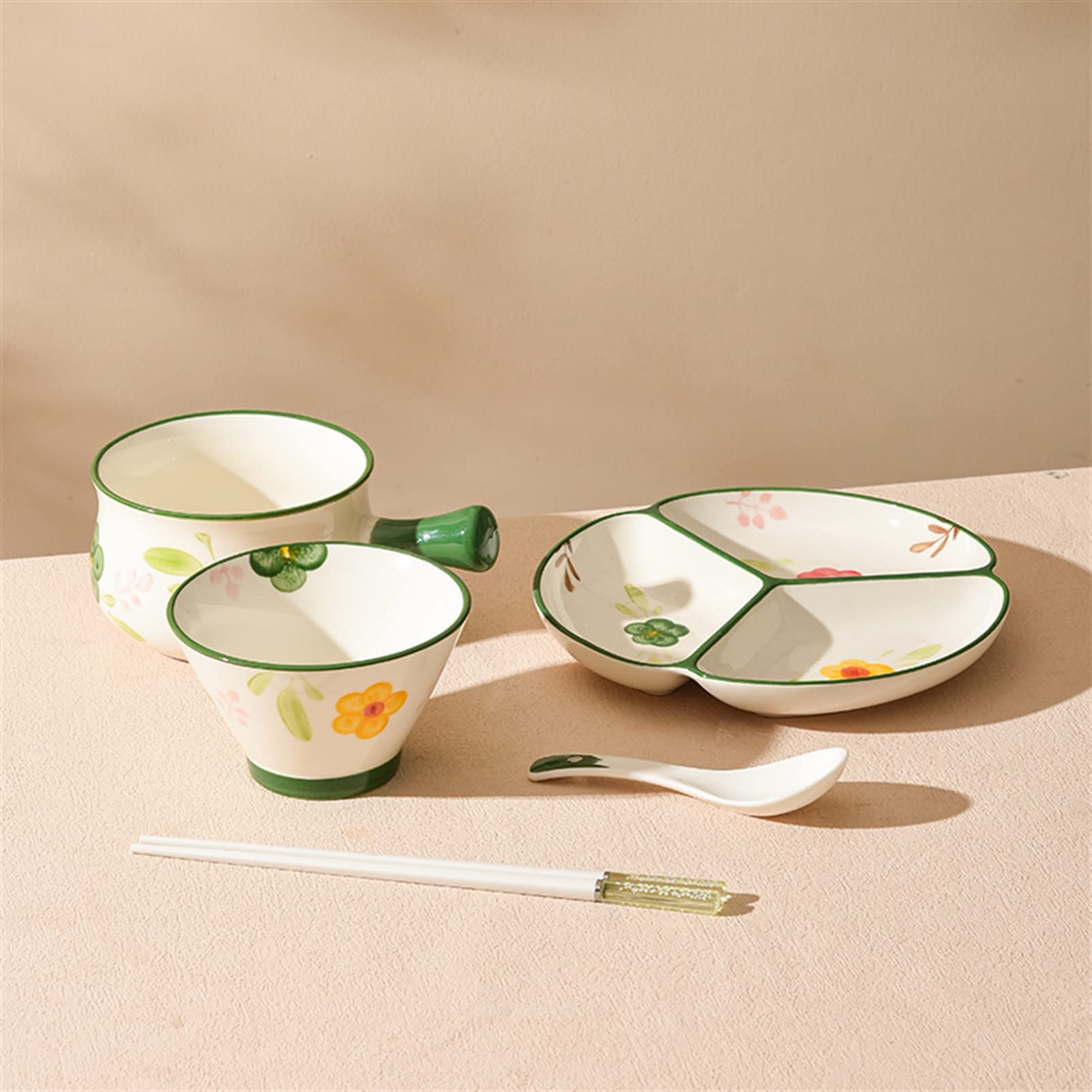 Podzielony zestaw talerzy Retro styl rustykalny Kwadratowe ceramiczne zastawy stołowe Talerze sałatkowe Naczynia do kuchni Kreatywne z miskami, łyżką, pałeczkami, łyżką i tacą 6 sztuk