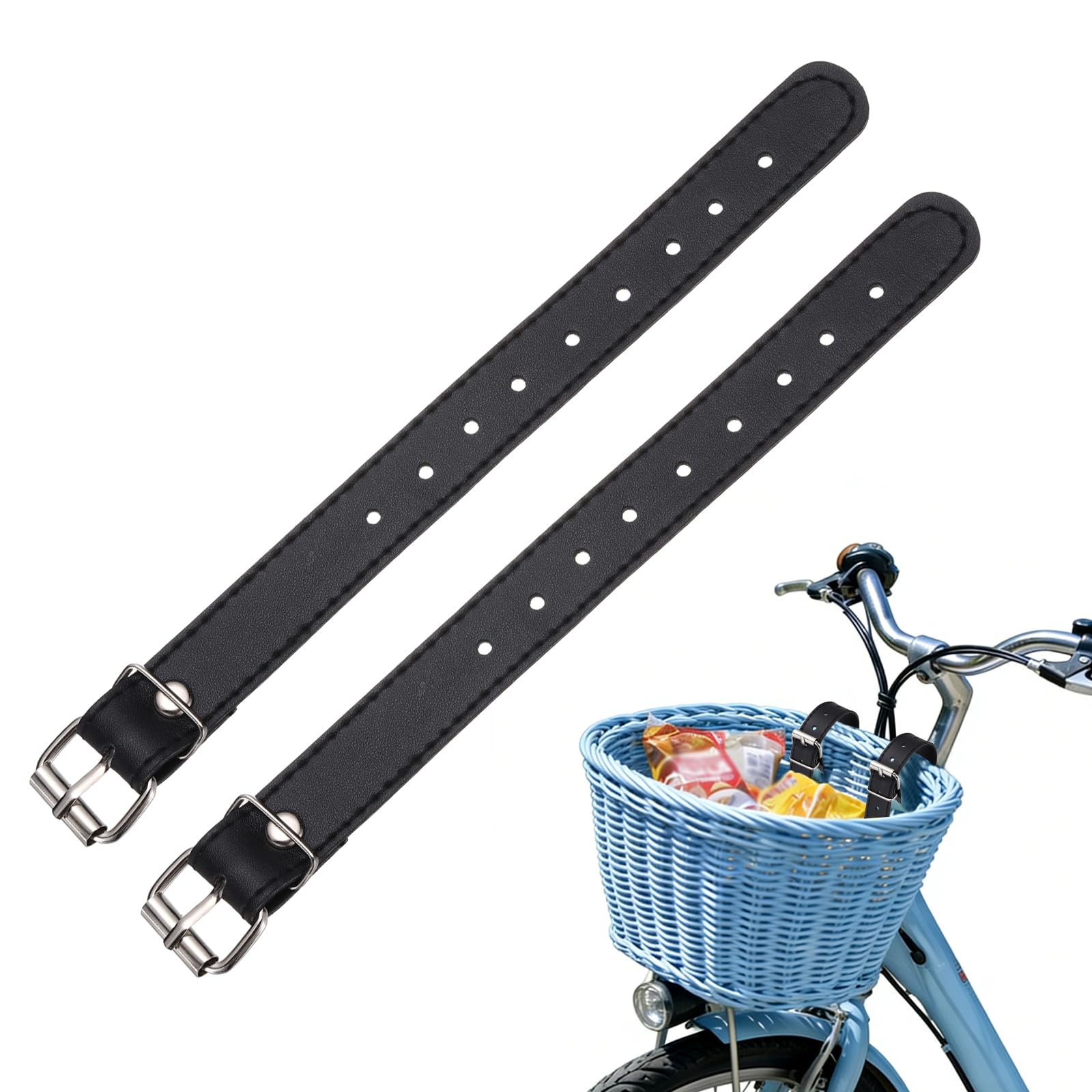YELARXI Bicycle Basket Strap, Adjustable Bike Front Baskets Leather Straps Detachable Securing Straps 4 Pcs & Black-Fitting for (Most Bikes/Tricycle/Scooters)