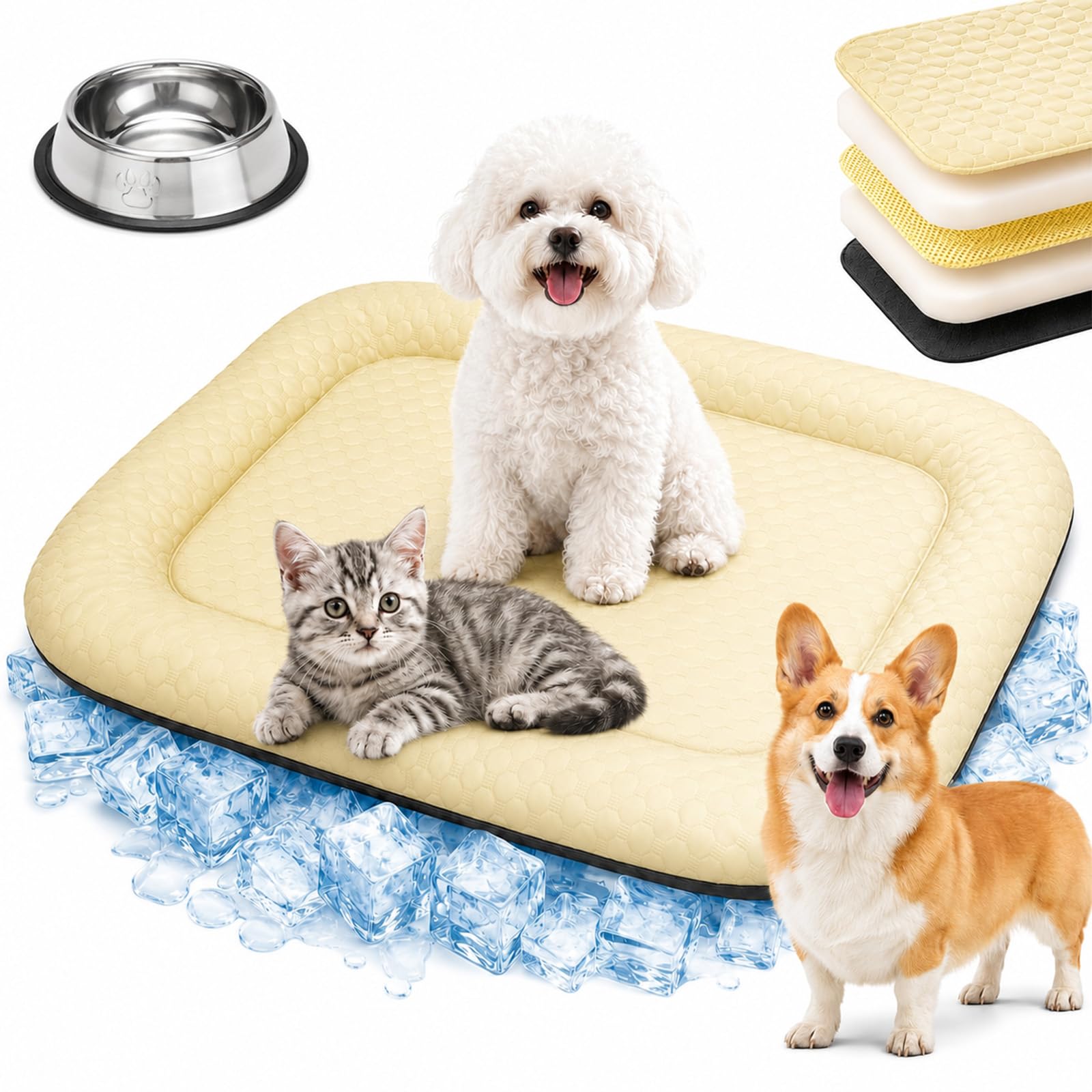 Cooling Mat for Dogs & Cats, Ice Silk Pet Cooling Bed, Self Cooling Ice Silk Pet Mat with Raised Edge, Anti Slip Base and Washable Summer Comfort for Dogs and Cats，Yellow：XL