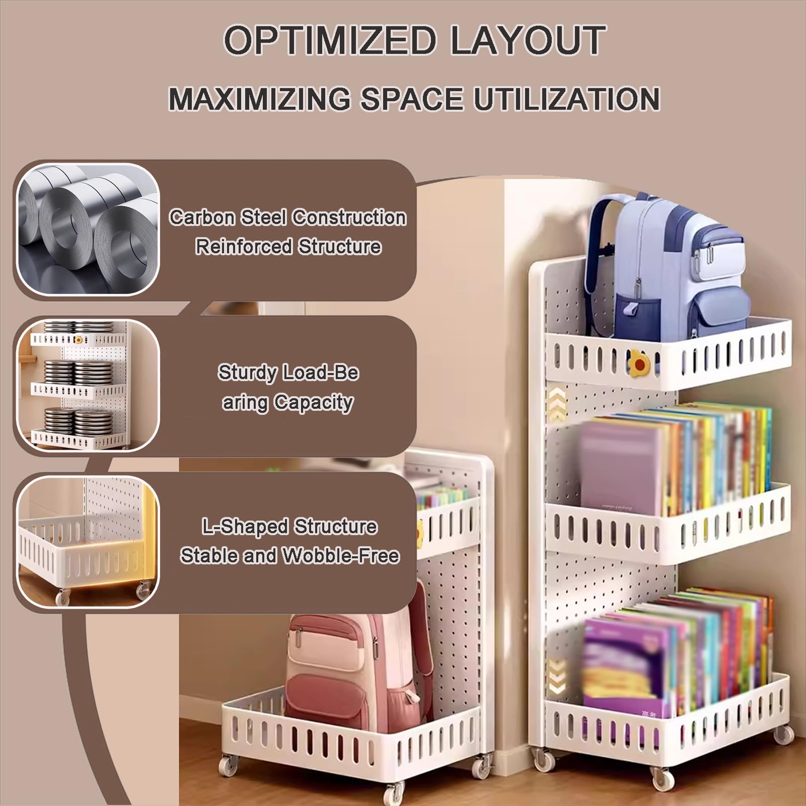 Carrito Cocina Ruedas Y Panel Perforado, Carro Multiuso 4 Niveles Acero Carbono, Estantería Almacenamiento Móvil Cestas Extraíbles Y Verdulero Ruedas Silenciosas 360°(4-Tier/40x30x95cm)