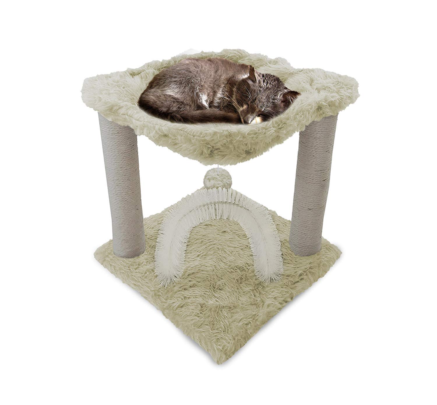 Furhaven 15.75" Tall Playground for Indoor Cats, Ft. Sisal Scratching Posts, Self-Grooming Brush, & Toy - Tiger Tough Hammock Interactive Playground - Cream, One Size
