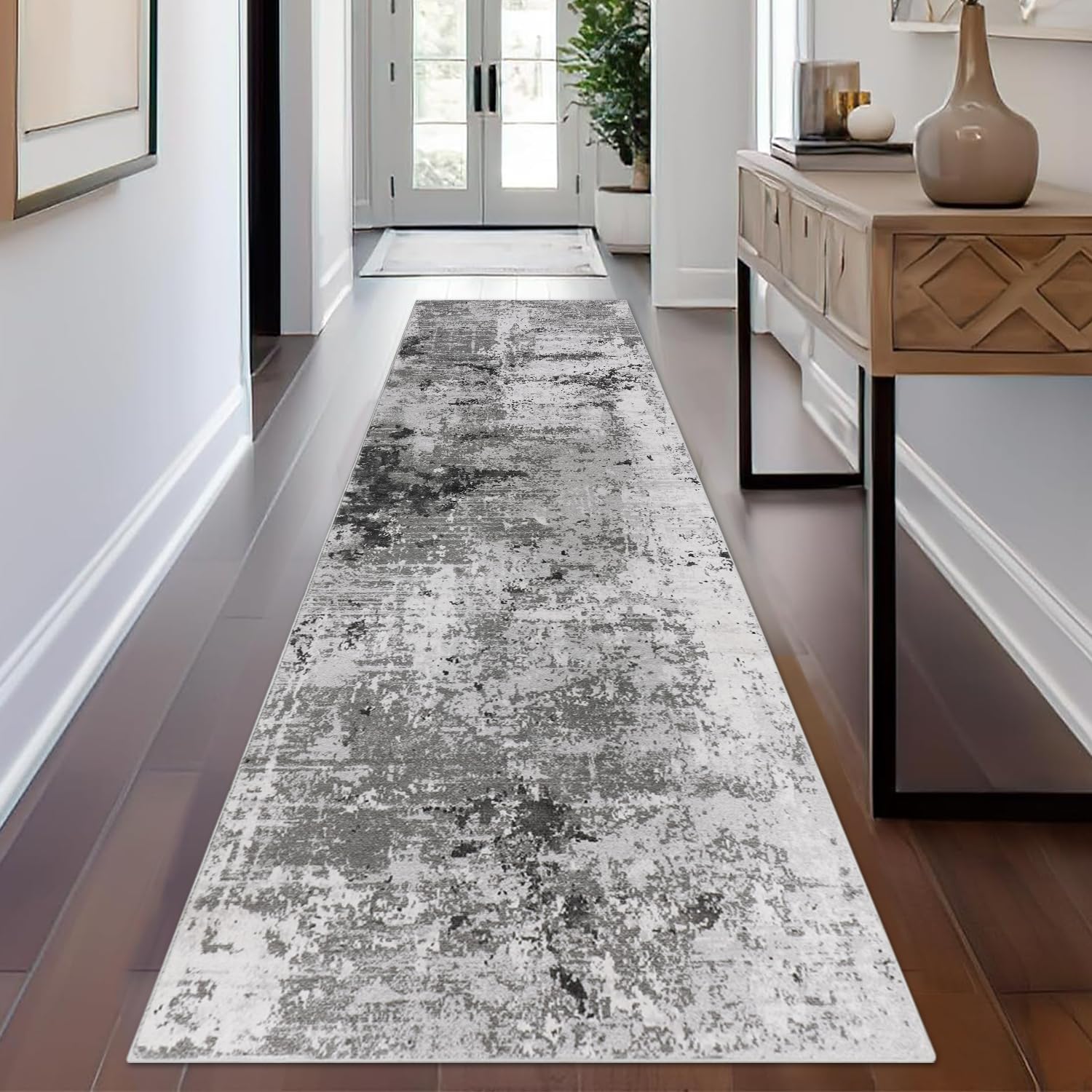 Cekene Carpet Runners for Hallways Non-slip Long Grey 65x240cm Washable Kitchen Rug Distressed Hallway Runner Mat Thin Low Pile Floor Carpet for Entrance Bathroom Laundry Bedroom