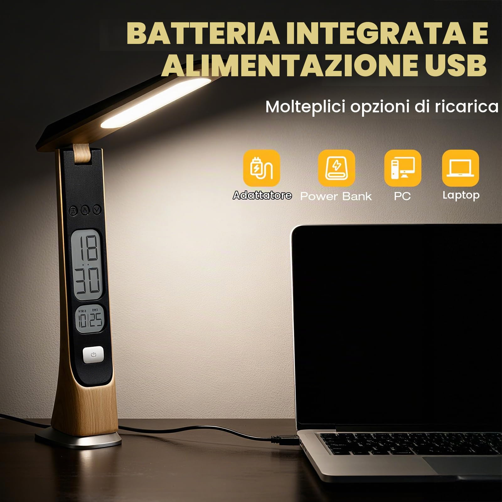 Lampada da Scrivania LED, 3 Colori, Ricaricabile 1800mAh, con Orologio, Controllo Tattile, Pieghevole
