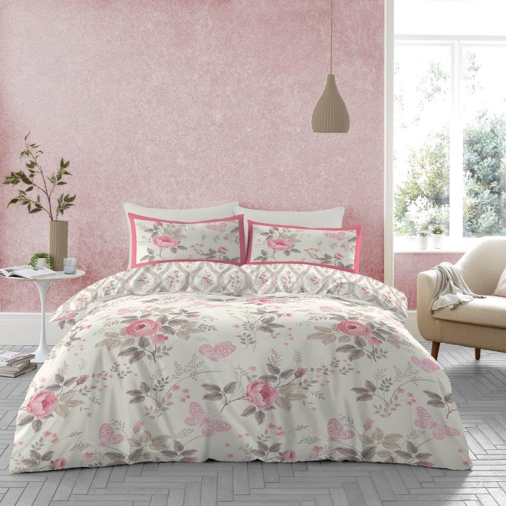 Lions Double Duvet Cover Set with Fitted Sheet and Pillowcase - 4 Piece Complete Bedding Sets Reversible Floral Rose Printed Poly Cotton Quilt Covers Bed, Girls Women