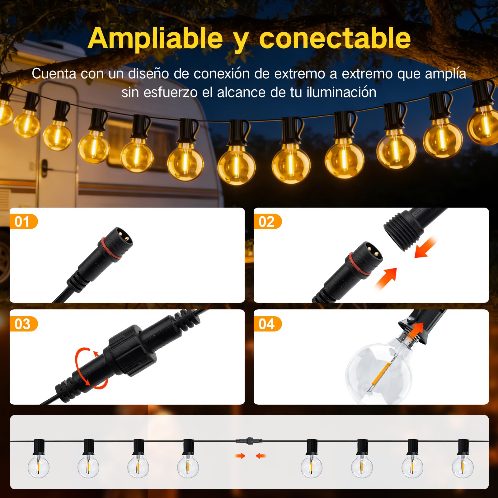 Guirnalda Luces Exterior Enchufe, 45M 147.6FT G40 con 55+2 Bombillas Exterior Guirnalda, Impermeable Regulable Luces LED Exterior Jardin para Patio, Fiesta, Café,Terraza decoracion