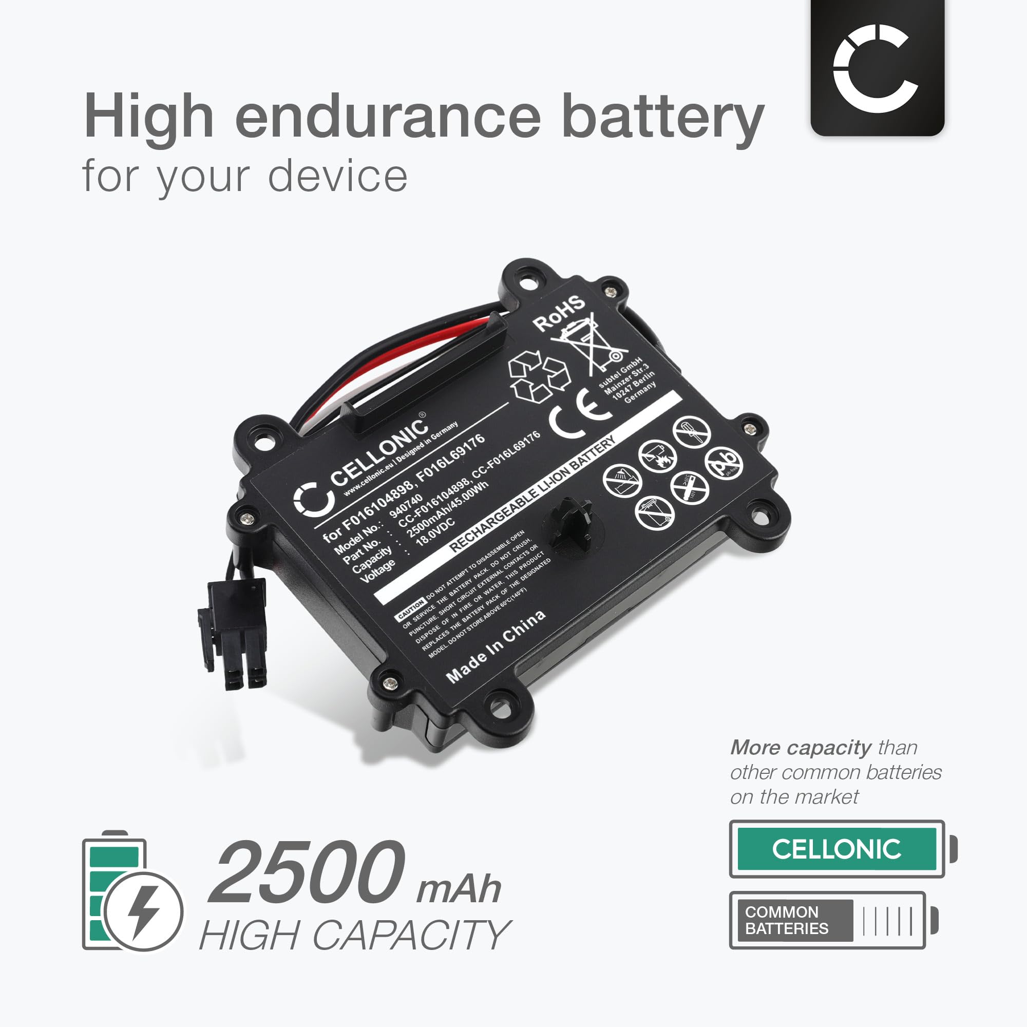 CELLONIC 1x Batería Compatible con Bosch Indego 350, 400, F016104898 | 1x, ( 2500mAh-18V-Lithium-Ionen), Garten Akku