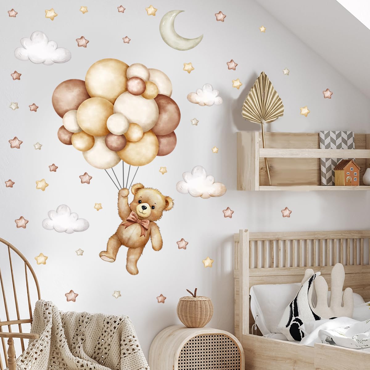 Calcomanías de pared de oso de peluche, diseño de globo aerostático, estrella, luna, nube, calcomanías de pared para habitación de niños, habitación de niños y niñas, decoración de habitación de bebé