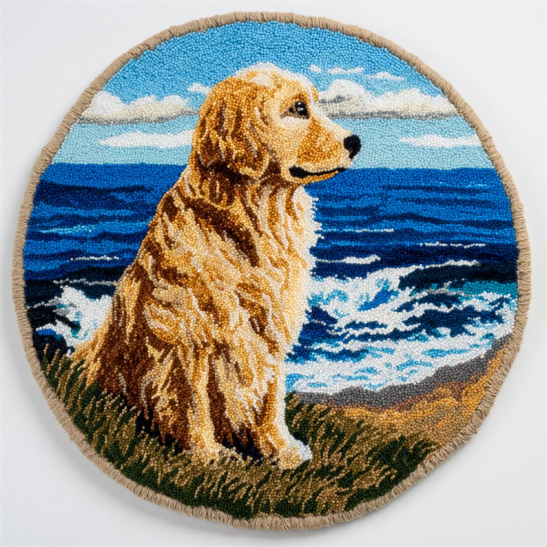 Rqwybcaxn DIY Rug Latch Hook Kits for the Elderly Animal Cross Stitch Kit Golden Retriever by the sea 100x100cm Round Tapestry with Crochet Hook Hallway Craft Gift