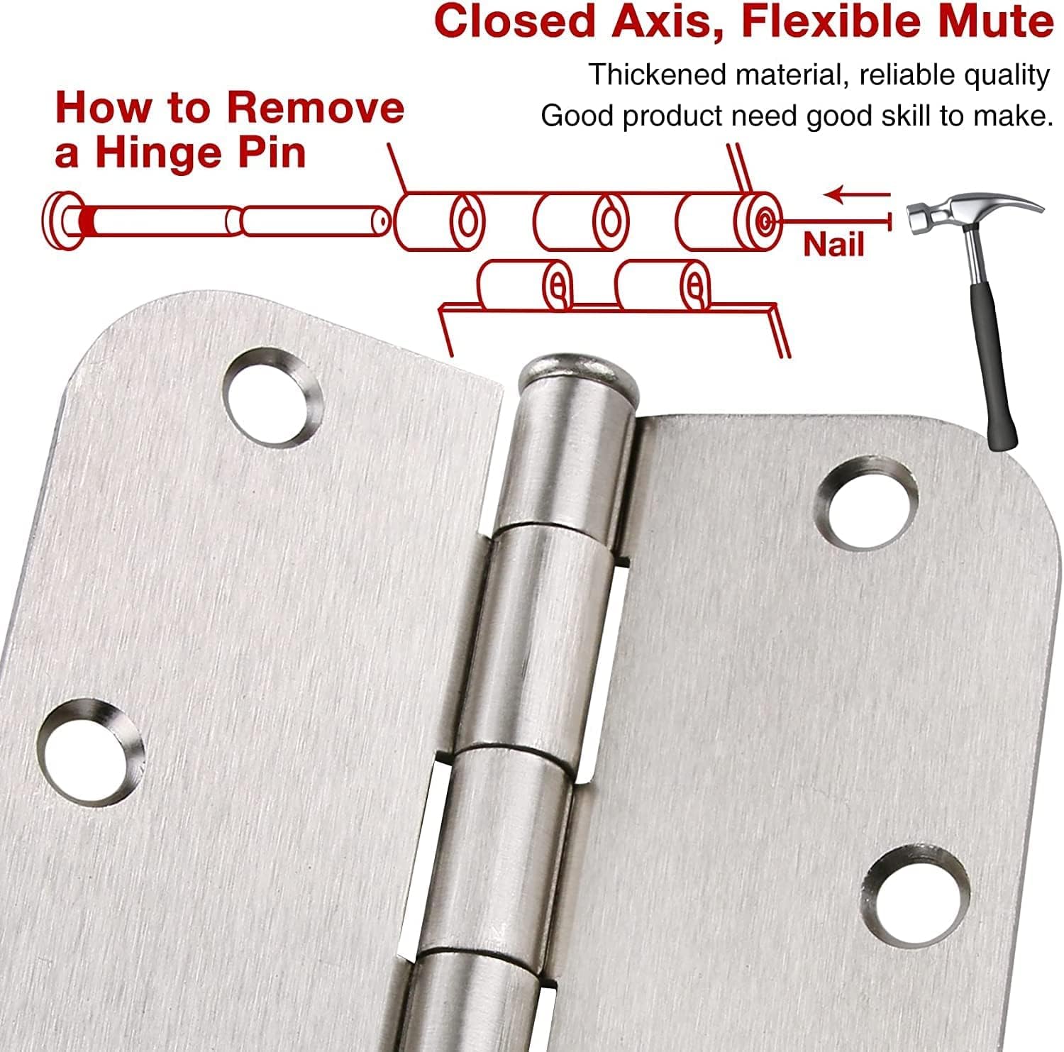 Brushed Nickel Door Hinges 3.5 x 3.5 Inch 30 Pack Interior Rounded Door Hinges with 5/8" Radius Heavy-Duty Silver Hinges Removable Pin for Standard Bedroom Office Kitchen Door Hardware Satin Nickel
