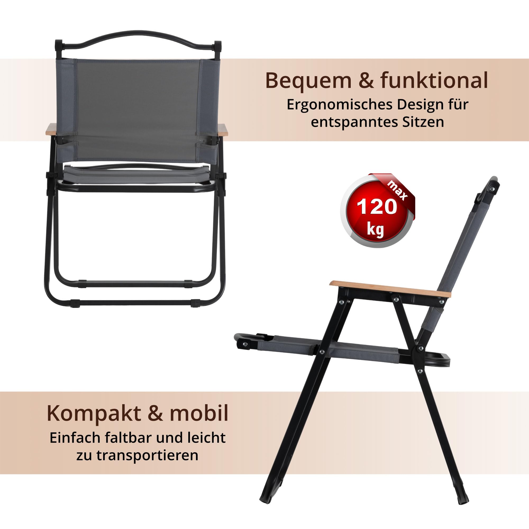 Stagecaptain Campingstuhl 2X Set faltbar leicht - Camping Klappstuhl für Garten, Balkon, Grillen - Als Angelstuhl geeignet - Festival Faltstuhl bis 120 kg - Holzarmlehnen - Campingsessel grau