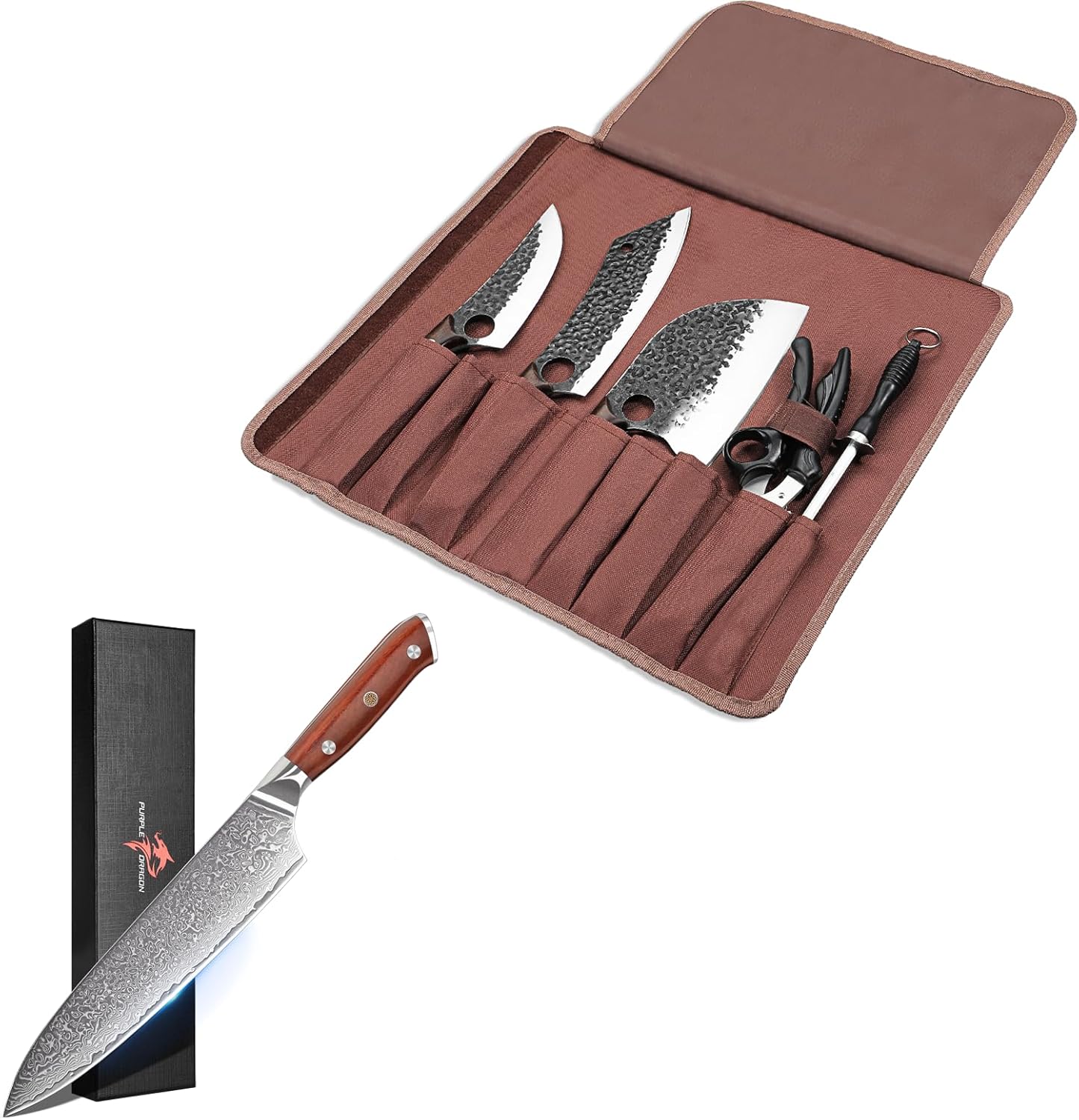 Purple Dragon 9 pcs Chef Knife Set, Butcher Knife Set with Damascus Chef Knife 8 Inch