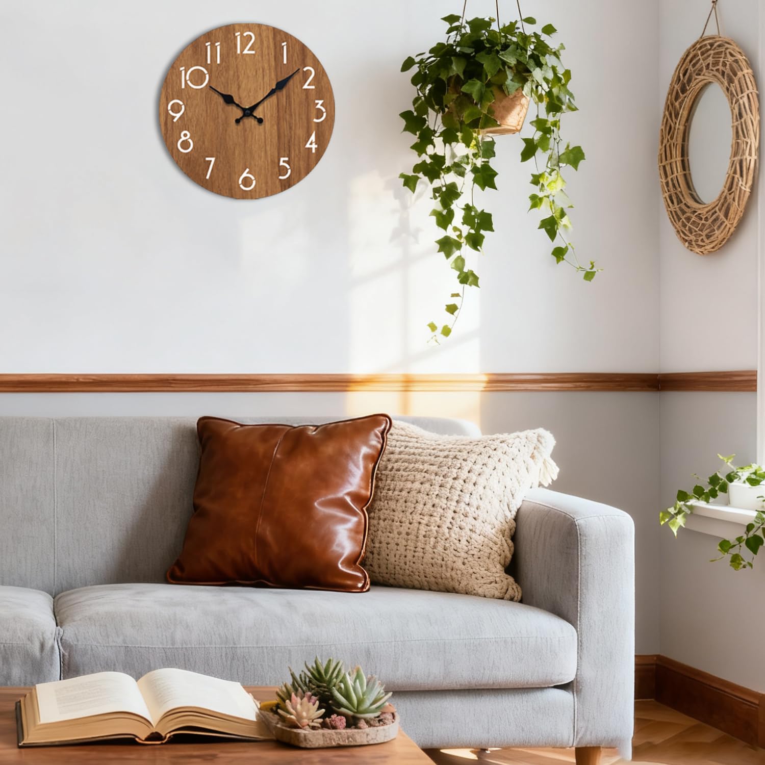 Reloj de pared, moderno, funciona con pilas, silencioso, sin tictac, decorativo para sala de estar, oficina, hogar, escuela, 12 pulgadas (marrón)