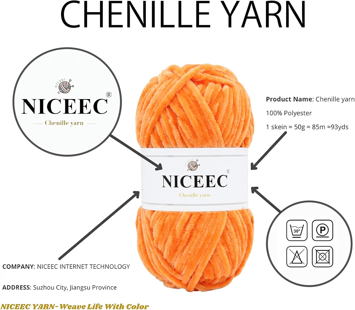 NICEEC 3 Skeins Soft Chenille Yarn Blanket Yarn for Knitting Fancy Yarn for Crochet Weaving DIY Craft Total Length 3×85m (3×93yds, 3×50g)_Orange