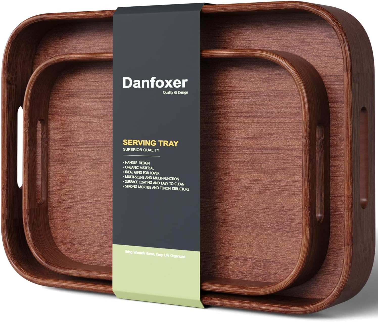 Bamboo Set of 2 Serving Tray with Rounded Corners Handles,Large & Small Food Serving Trays, Decorative Tray,Ottoman Tray for Coffee Table, Kitchen Counter, Ideal for Breakfast, Party(Brown)