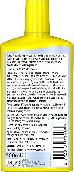 Tetra Tetra AquaSafe to Turn Tap Water into Safe and Healthy Water for Fish and Plants, 500 ml in use