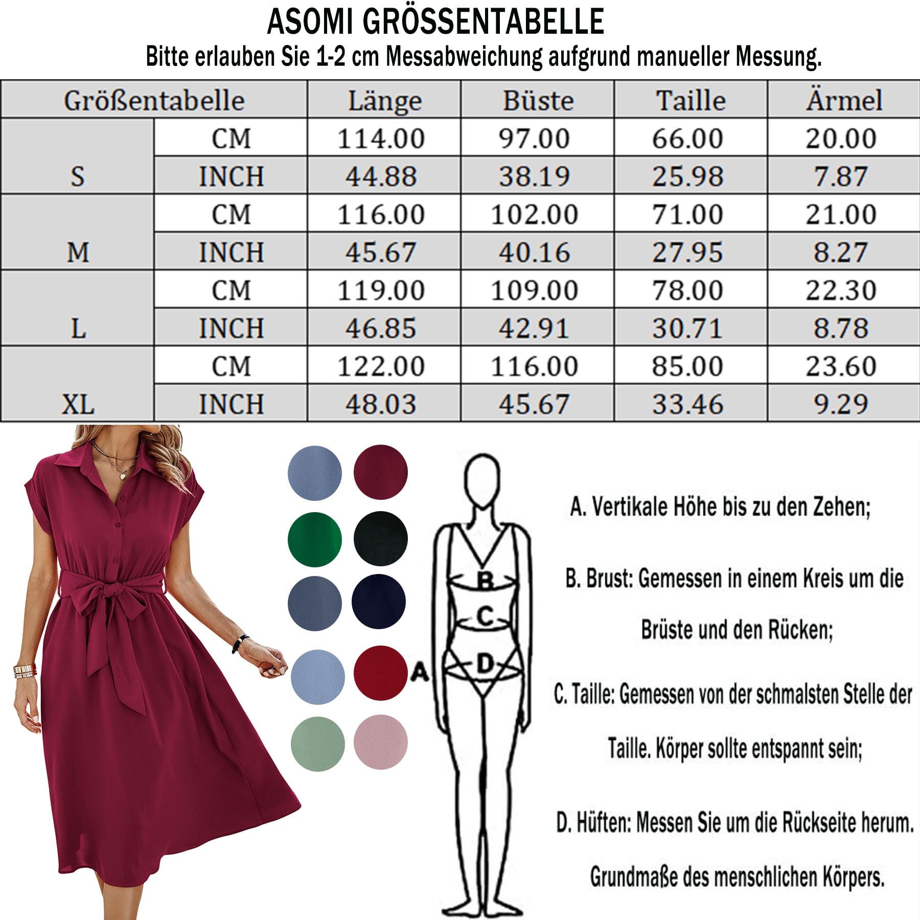 ASOMI Robe d'été pour femme, robe de cocktail, robe de plage, décontractée à manches courtes, col en V, robe midi avec ceinture, bouton de poche, bleu marine, S