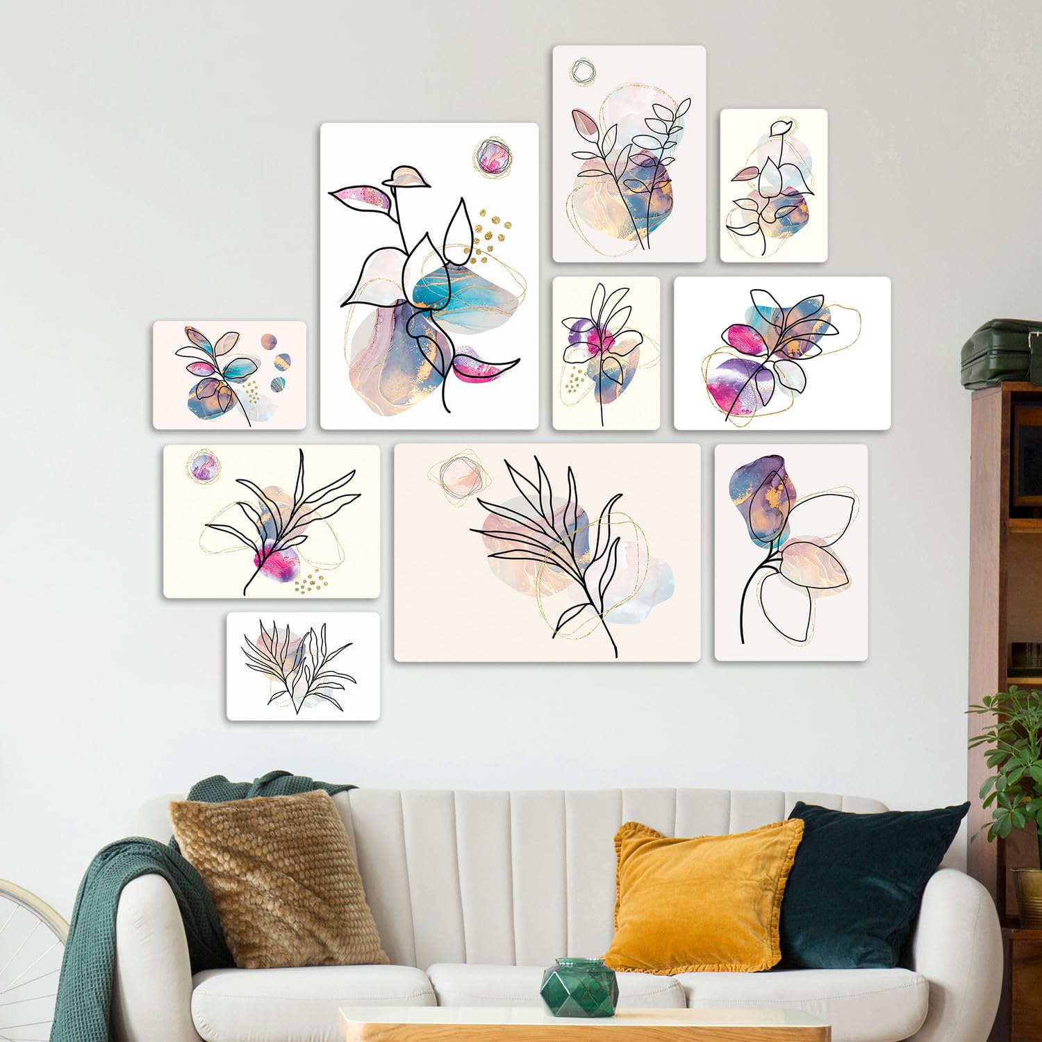 Giallobus - Set di 10 dipinti multipezzi - Fiori 2 - Legno MDF - 10 quadrati | 2 x 42 x 29,7 cm | 4 x 29,7 x 21 cm | 4 x 21 x 14,85 cm - Pronti da appendere