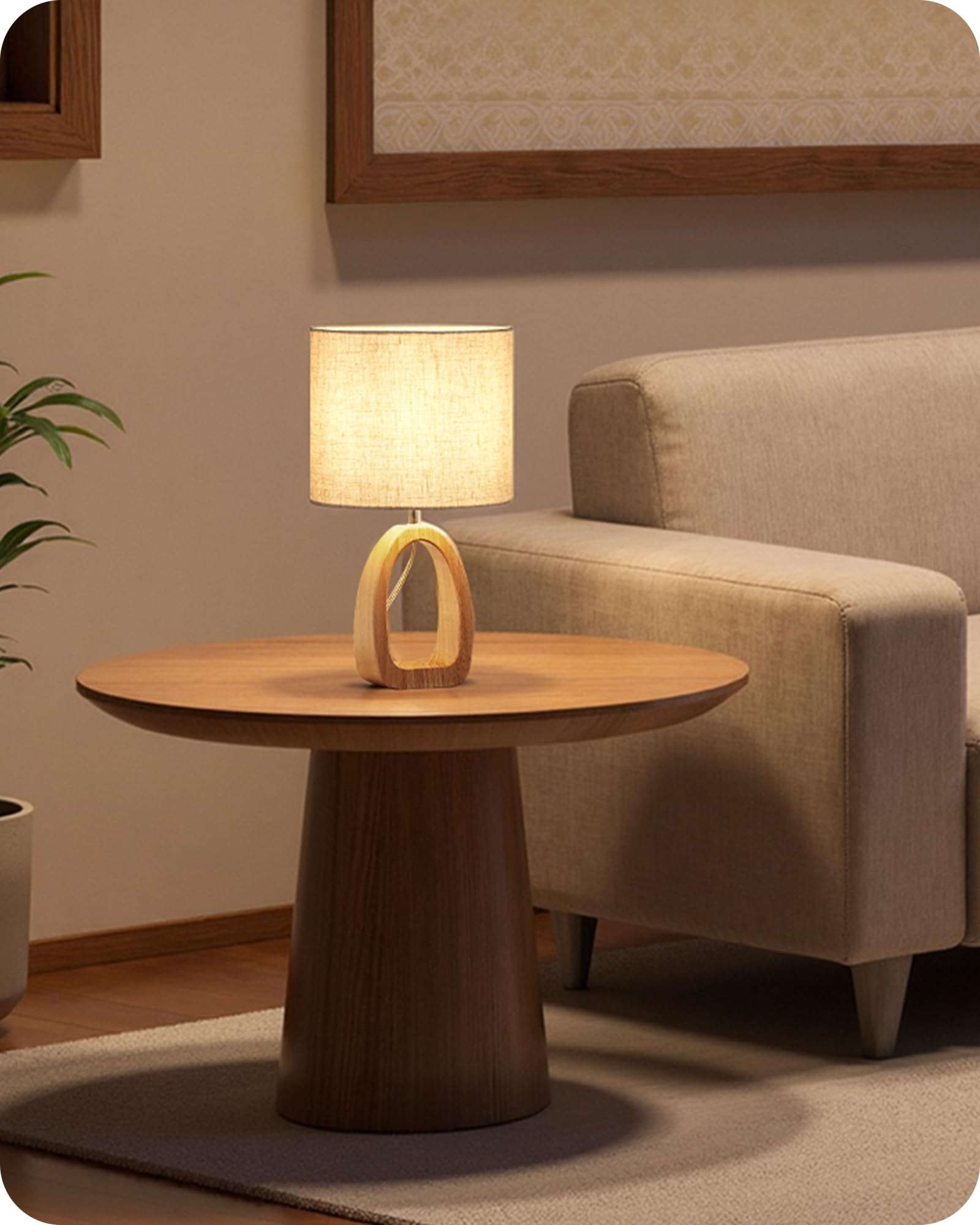 GOEBLESON Table Lamp, Wood Bedside Lamp with Ring-Shaped Base and Linen Lampshade, Modern Desk Lamp with Cable, E27 Base - Image 3