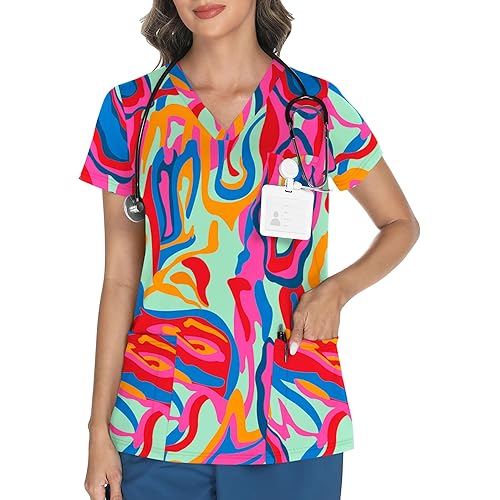 LOMON Scrubs for Women V Neck Printed Scrub Tops Soft Knit Nurse Uniform Shirts with 3 Pockets