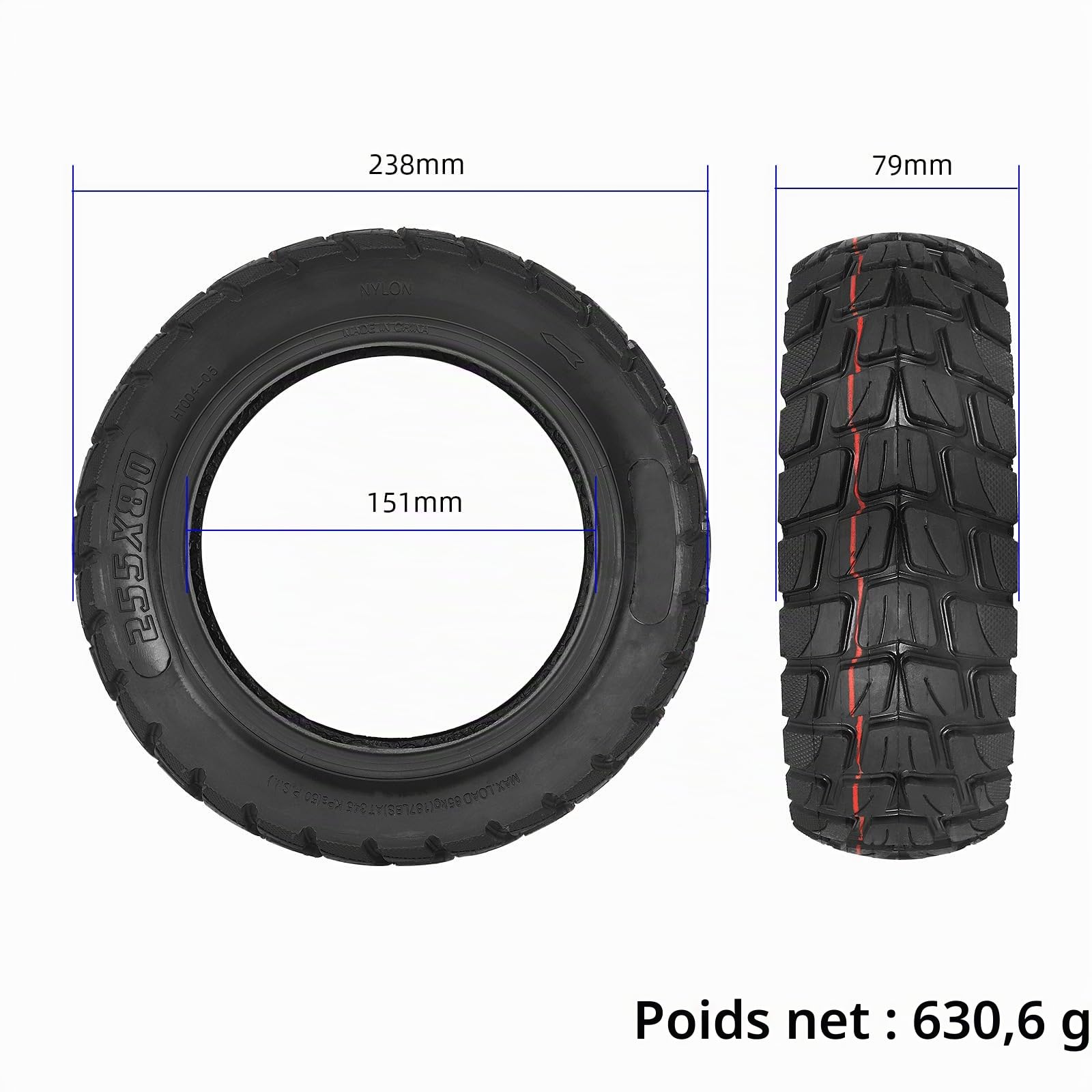 Pneu extérieur et intérieur 255 x 80 pour scooter électrique Kukirin G2 Max, G2 Master, G3 Pro - Pneu standard 255 x 80 + chambre à air 10 x 2,5 avec valve incurvée à 90°