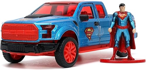 Jada 33092 - Camión camioneta F-150 Raptor azul metálico y rojo con interior rojo y figura fundida a presión DC Hollywood Rides Series 132 Modelo de