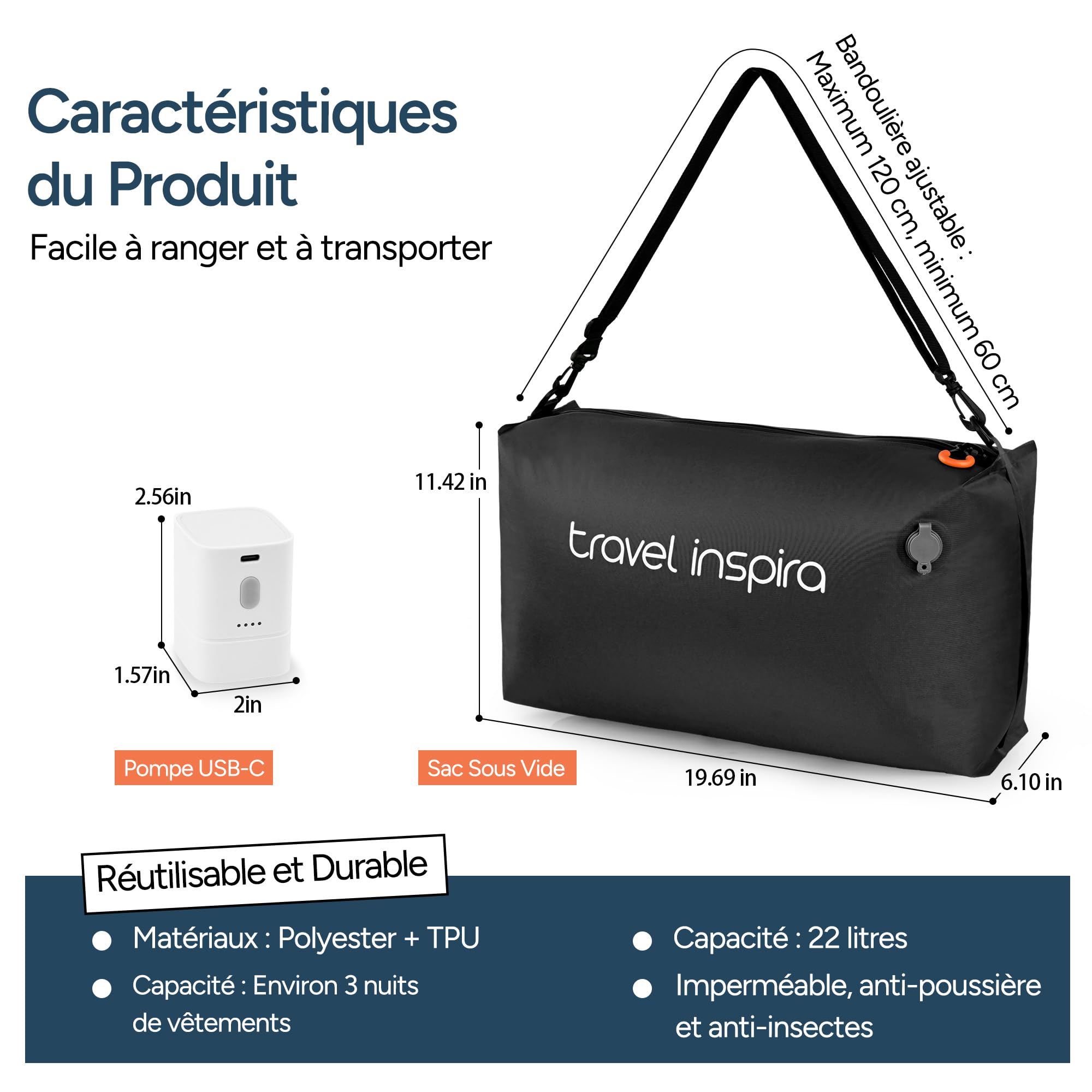 travel inspira Sac Sous Vide Vetement Aspirateur, TPU avec Pompe (1PC)