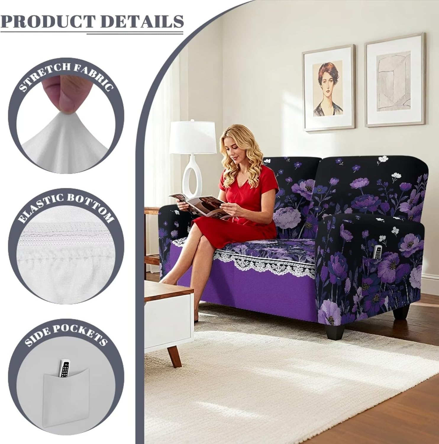 Purple Poppy Floral Print 6-Piece Loveseat Recliner Slipcover Stretch Recliner Sofa Cover with Side Pocket Couch Furniture Protector for Dogs