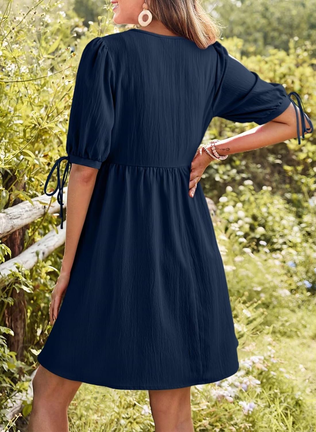 Dokotoo Summer Dresses for Women 2026 Casual V Neck Bow Tie Short Sleeve Empire Waist A-Line Mini Dress - Image 2