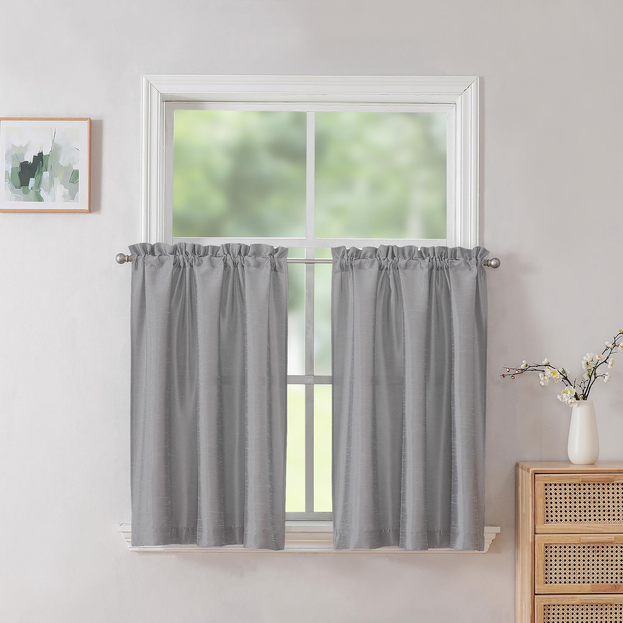 Chyhomenyc Uptown Silver Grey Kitchen Tier Curtains 36 Inch Length 2 Panels, Faux Silk Room Darkening Privacy Short Curtains for Small Window