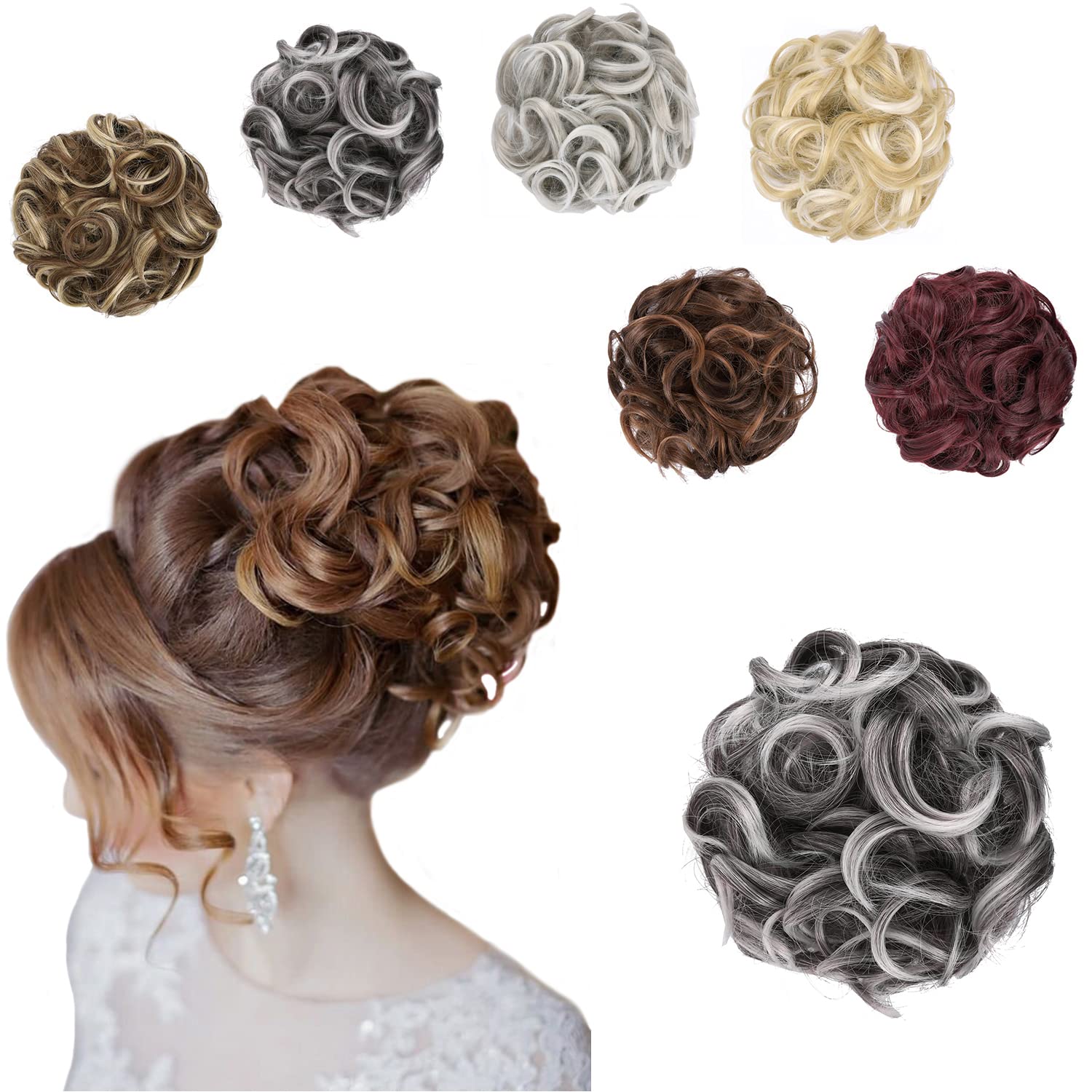 Elaine Big Messy Bun Extension Curly Hair Buns Hair Pieces for Women Synthetic Wavy Large Scrunchies Thick Updo Ponytail (Natural Black Tip Gray -#113