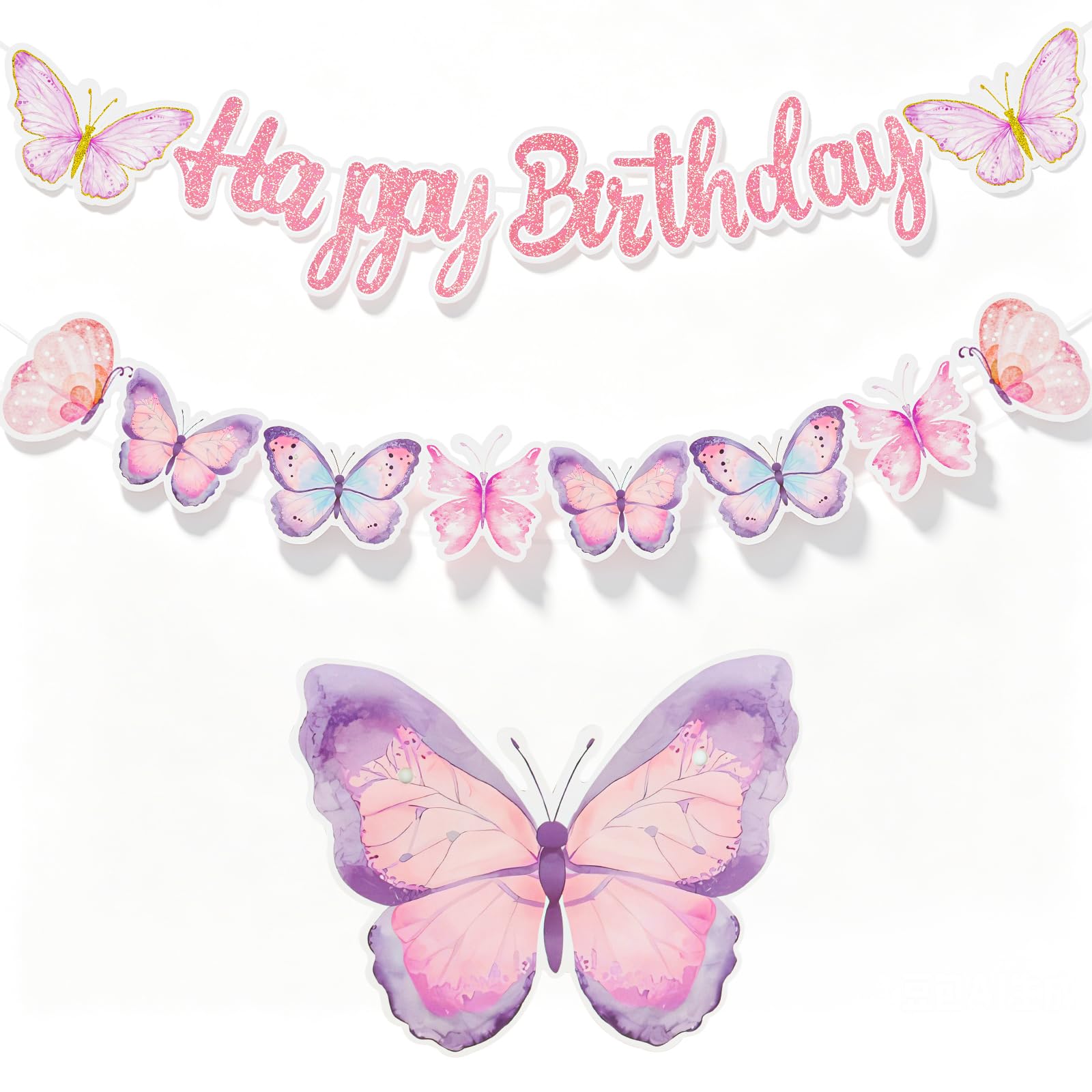 Butterfly Birthday Banner for Girls, Pink & Purple Happy Birthday Bunting with 10 Butterflies, Magical Party Decoration for Women, Reusable Pink Birthday Decor for Her