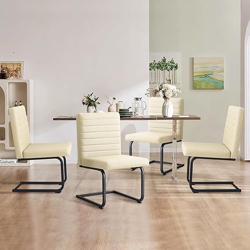 Furniliving Juego de 4 sillas de comedor, modernas sillas tapizadas de piel sintética con patas de acero, respaldo alto, sillas sin brazos para