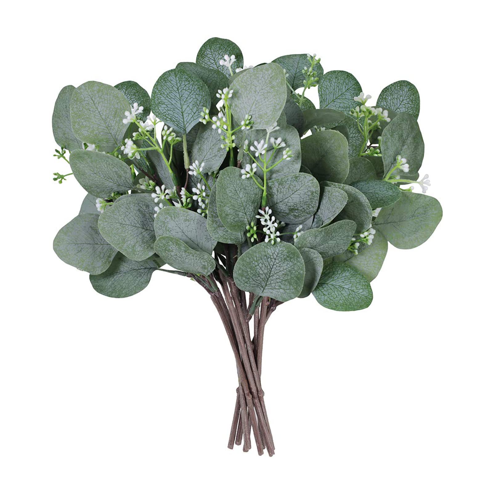 Jaffiust 10 Pieces Fake Eucalyptus Leaves Stems Bulk Artificial Silver Dollar Eucalyptus Leaves Plants Grey Green Wedding Greenery Faux Green Plants Holiday Green Floral Arrangement (with Fruits)