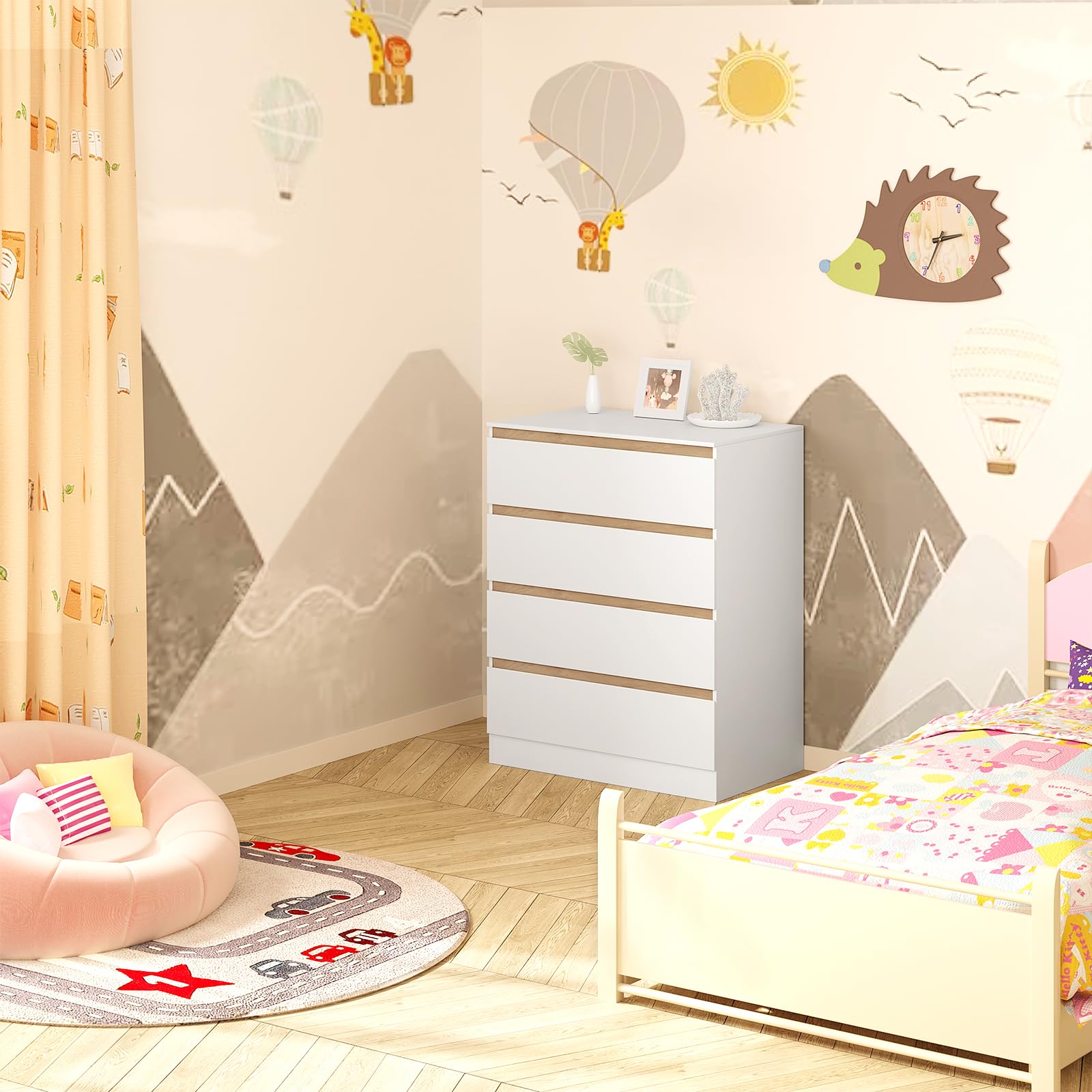 WOLTU Cambiador Bebe con 4 Cajones, Cómoda Cambiador Pañales, Cómoda para Dormitorio, Gran Almacenamiento, Fácil de Limpiar, Blanco+Roble Claro, 80x75x109,2 cm