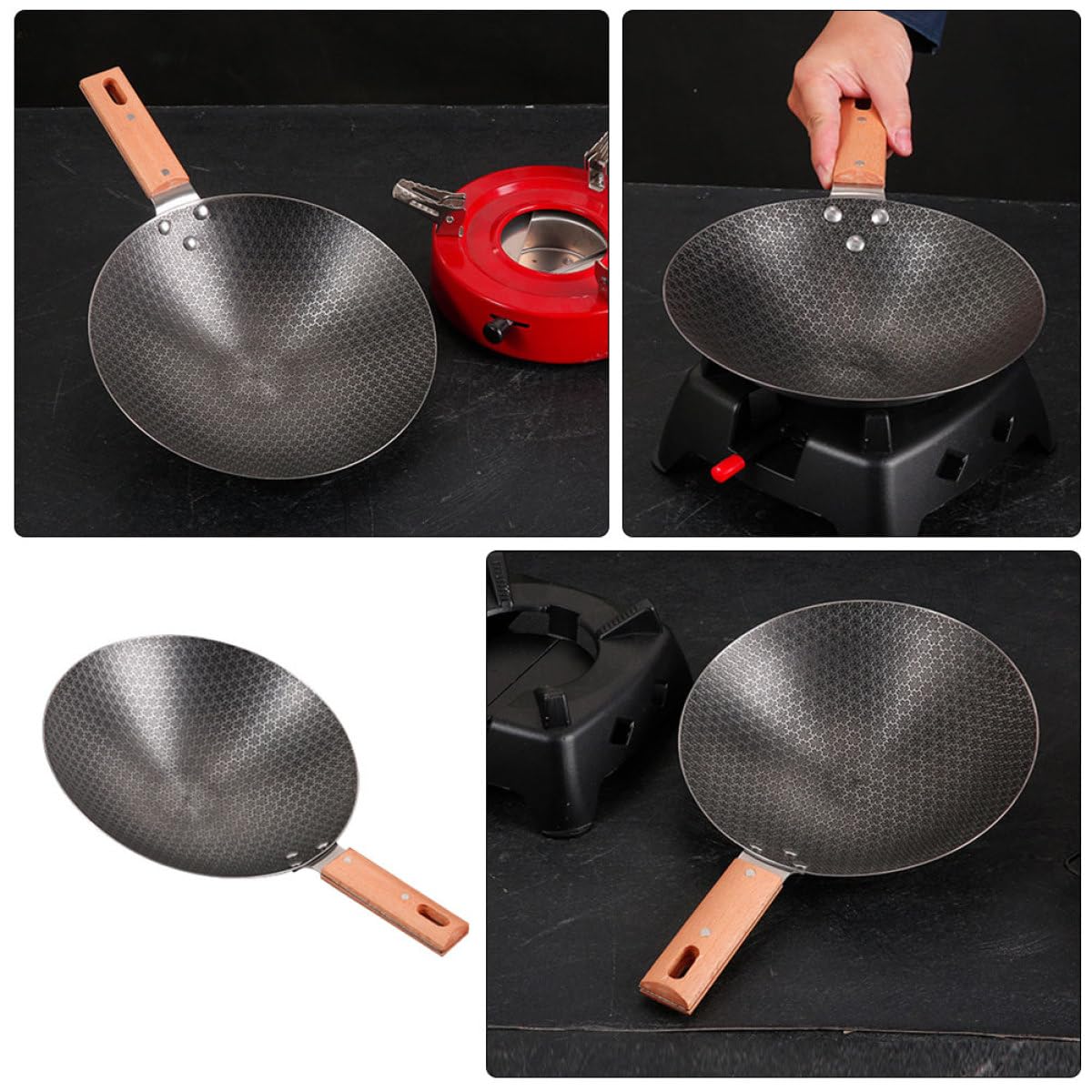 INOOMP Wok da Cucina Piccolo Stile Giapponese Fondo Tondo Ferro | Manico in Legno, Adatto All’uso Esterno, Stabile e Facile da Pulire, Linee Semplici e Forma Rotonda