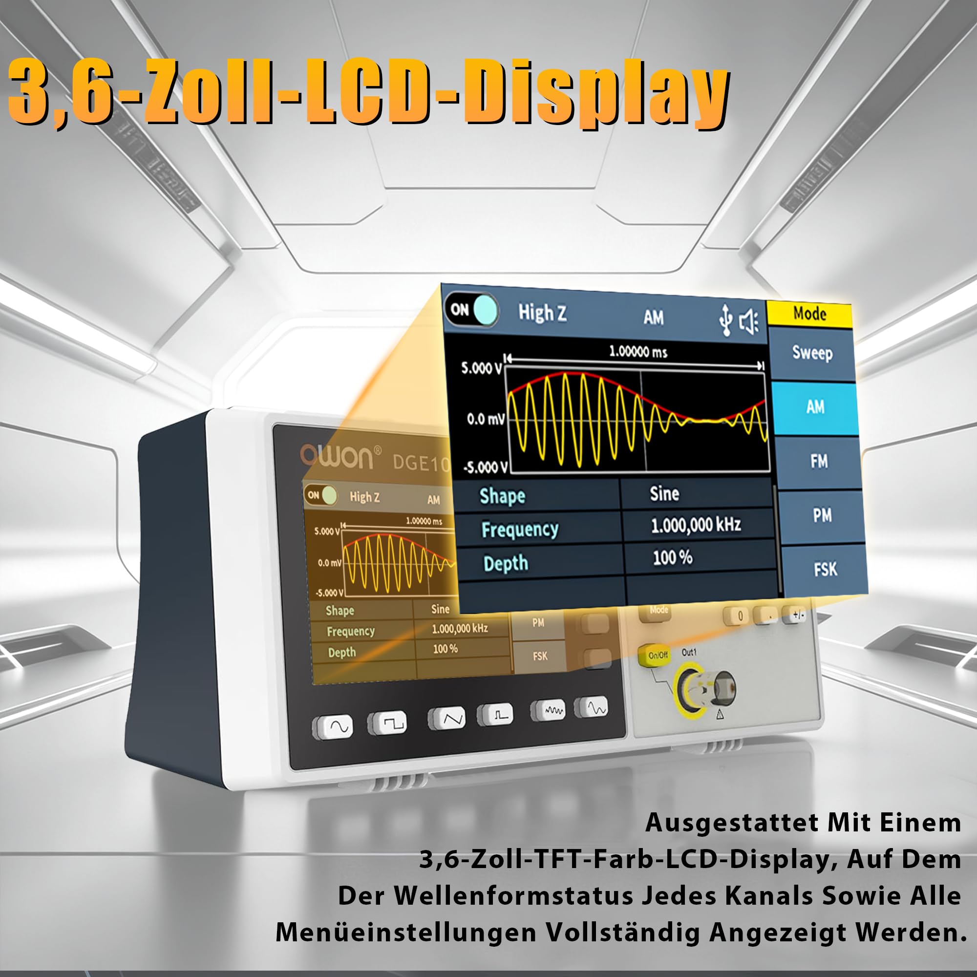 OWON DGE1060 Funktionsgenerator für präzise Signaltests und Entwicklung, 60 MHz, 300 MSa/s, 14 Bit, SCPI und PC-Steuerung