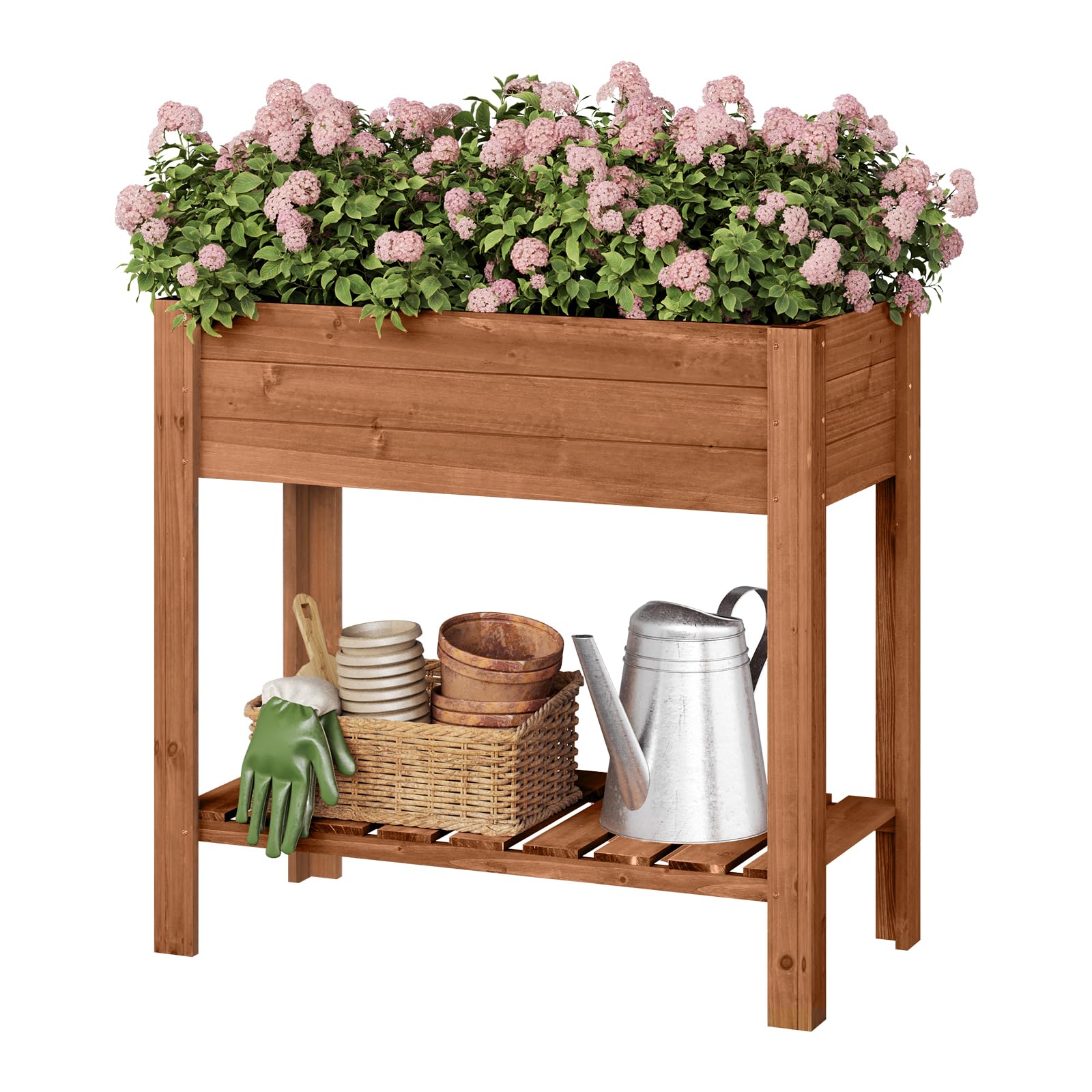 WOLTU Huerto Urbano Terraza, 80x40x75 cm, Jardinera Elevada para Exterior, Mesa de Cultivo para Jardín con Estante Inferior, Jardinera Madera para Flores y Vegetales, Marrón