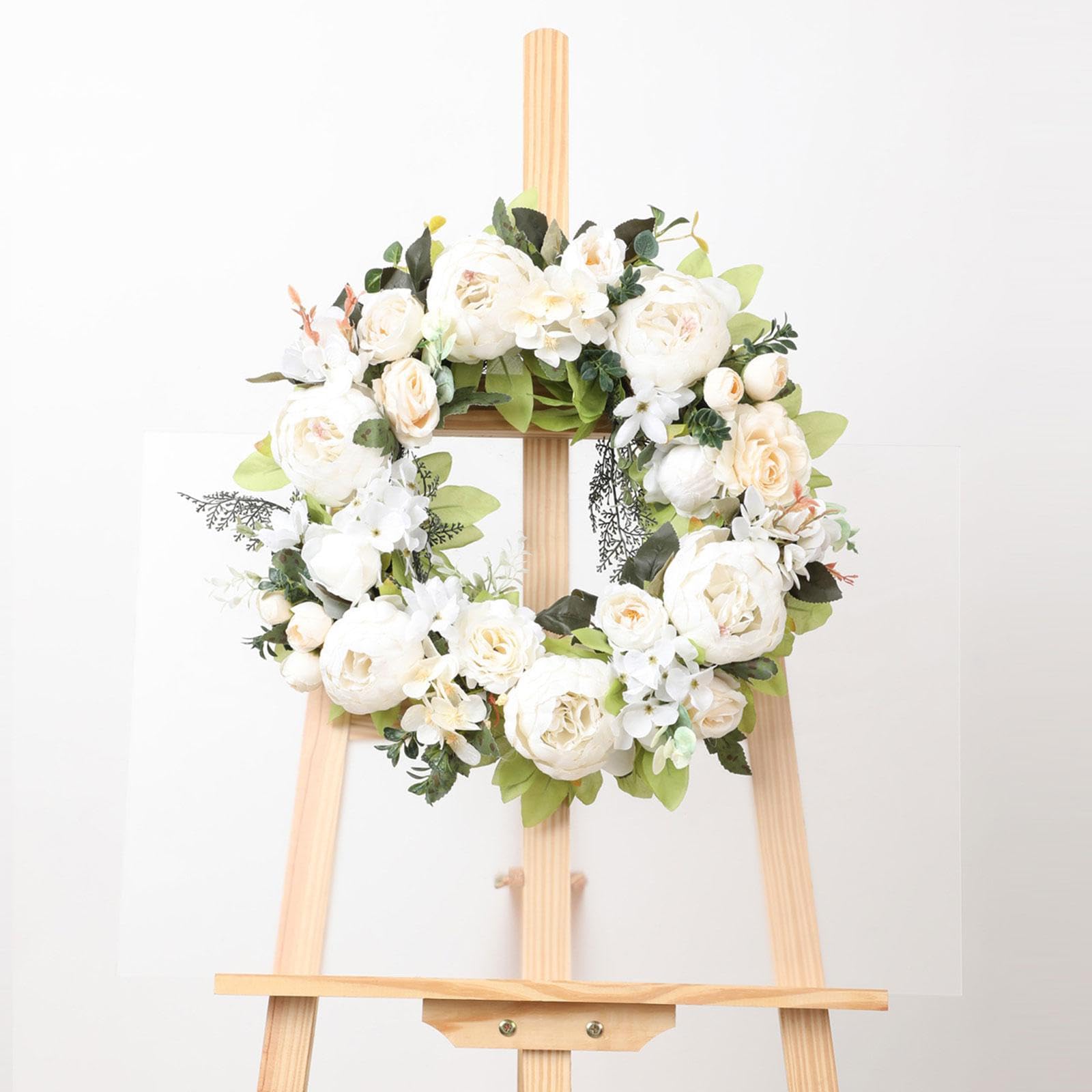 Ghirlanda Di Peonie Artificiali,Ghirlanda Primaverile in Fiori Di Seta E Plastica, Corona Di Pasqua Da 45 Cm Di Diametro per Matrimoni, Feste, Porte D'ingresso, Pareti, Finestre, Bianco