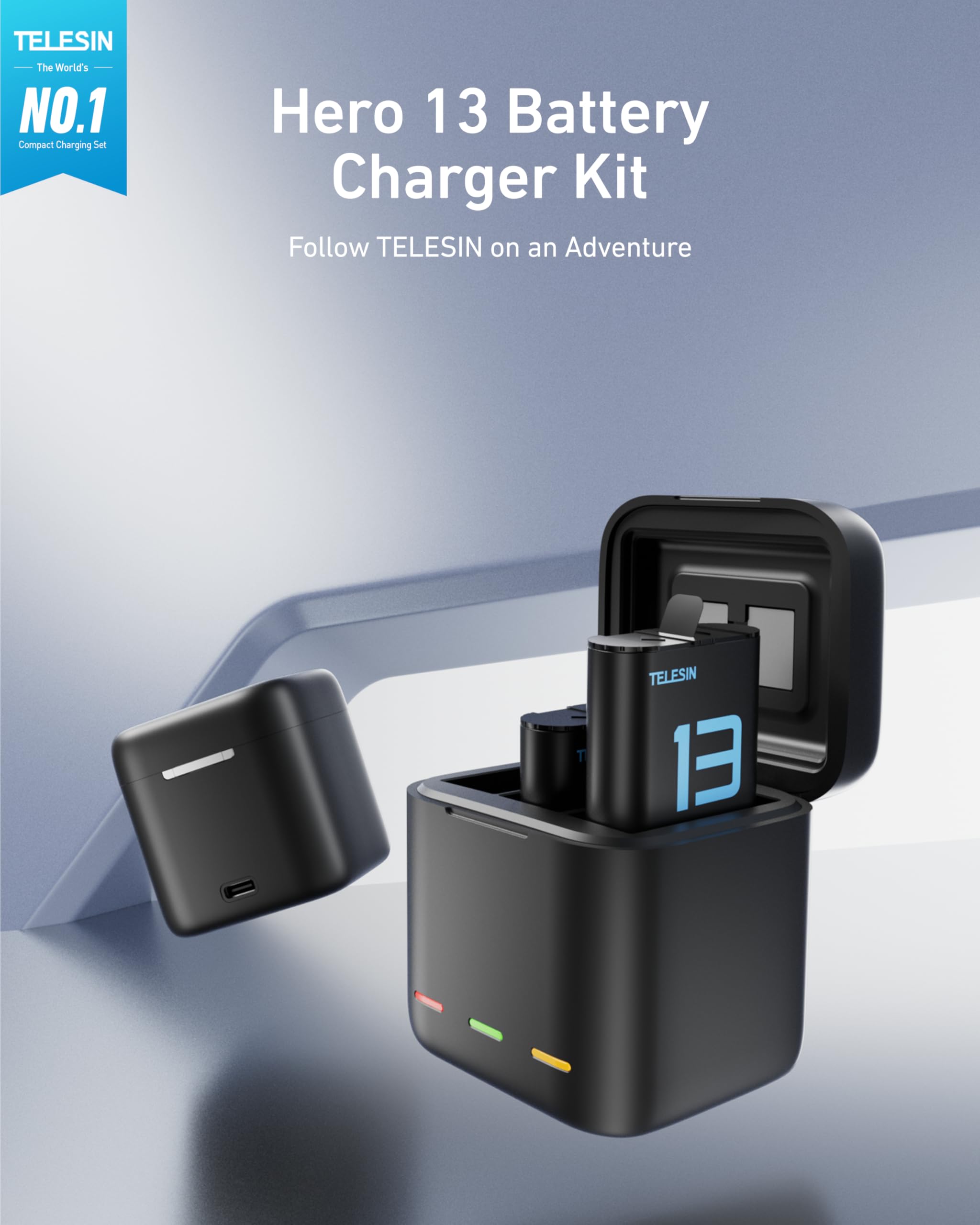 TELESIN Kit Chargeur de Batterie pour GoPro Hero 13 Black – Lot de 2 Batteries et boîtier de Charge Triple avec câble Type-C, Charge Rapide, Haute capacité pour Batteries d'origine Go Pro 13