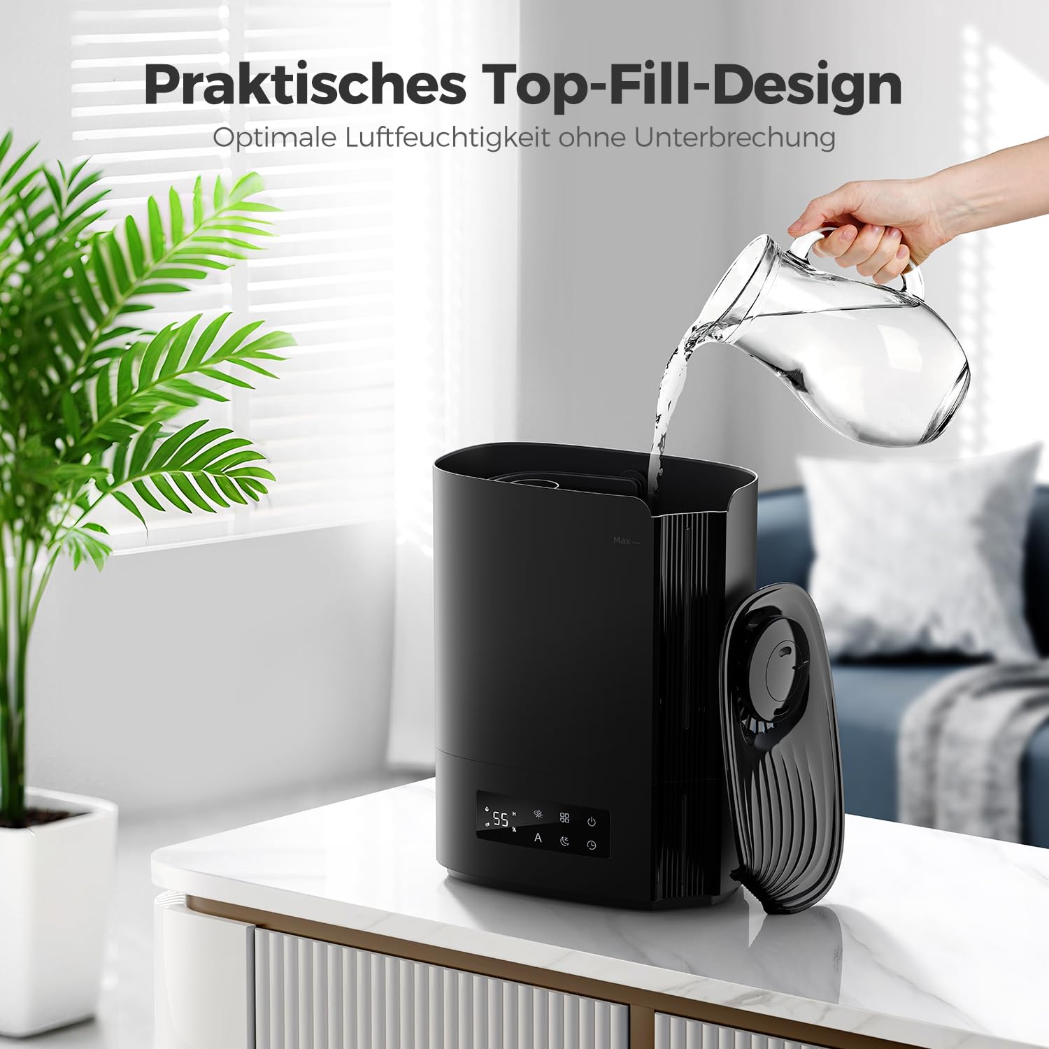 AROEVE 6L Luftbefeuchter Ultraschall Top-Fill Aroma Diffusor 60h leise intelligente Luftfeuchtigkeitskontrolle Schwarz