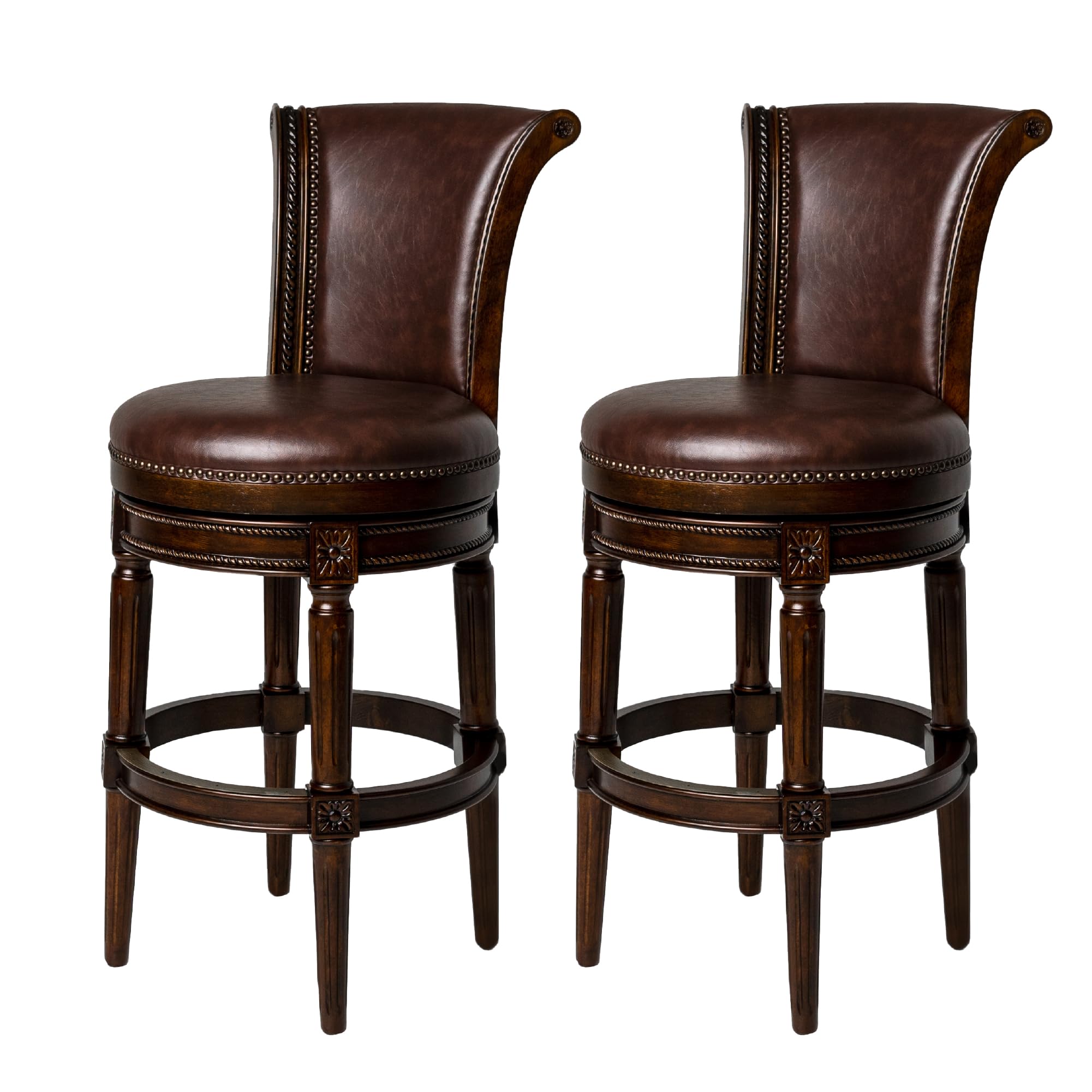 Maven Lane Pullman Bar Stool 31 Inches – Set of 2 – Swivel Stools with Footrest – Dark Brown Solid Wood Frame & Brown Faux Leather Upholstery – Perfect for Bars, Pub Tables & Tall Kitchen Counters
