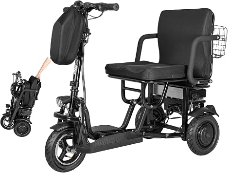 Easy Foldable Mobility Scooter for Seniors, 3 Wheel Electric Powered Lightweight Folding Mobility Scooter for Adults with Baskets and Light, 300lbs Capacity, 20 Miles, Adjustable Handle, Black